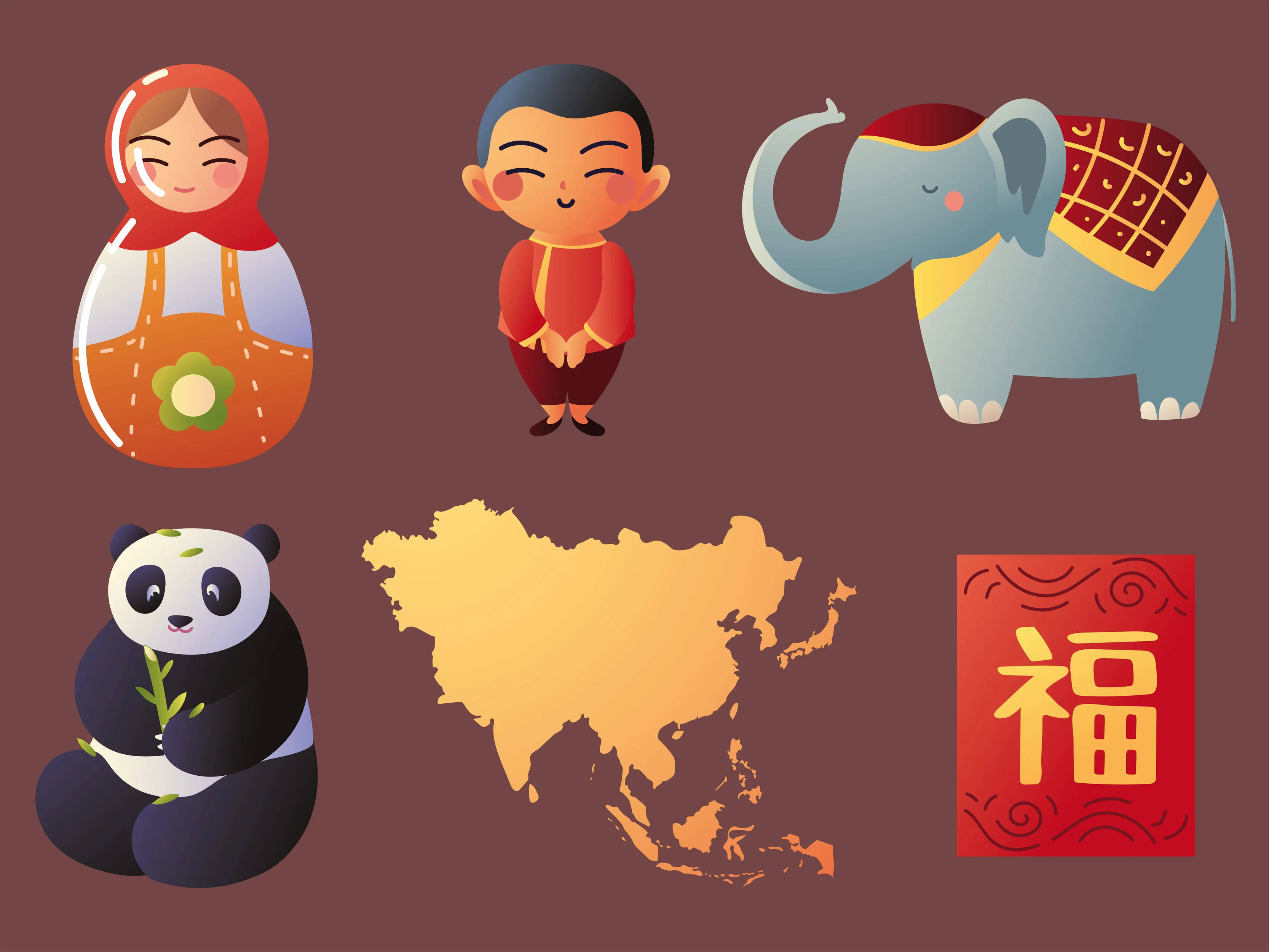 Asia 桌布 壁紙 — 可愛的亞洲文化符號卡通圖標，包括俄羅斯套娃、小孩、大象、熊貓、地圖和漢字，背景為栗色。