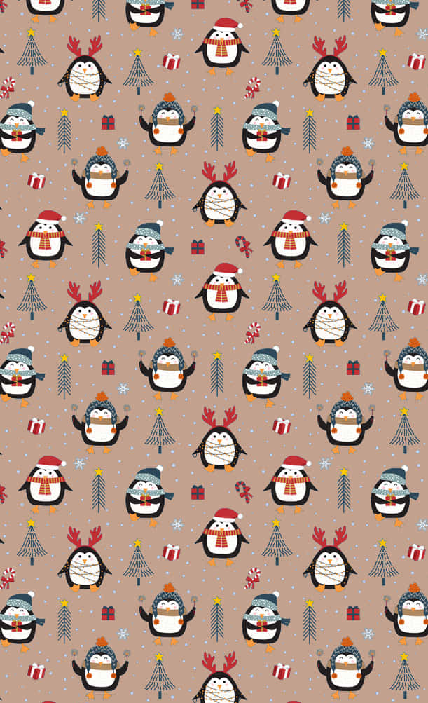 Cute Simple Christmas 桌布 壁紙 — 可愛的企鵝戴著節日帽子和圍巾，在聖誕樹和禮物之間跳舞，背景是舒適的棕色。