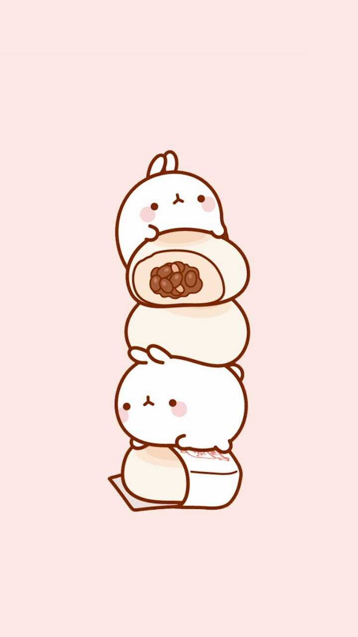 Molang 桌布 壁紙 — 可愛的兔子角色堆疊在一起，棕色餡料在柔和的粉紅色背景上探出頭來。