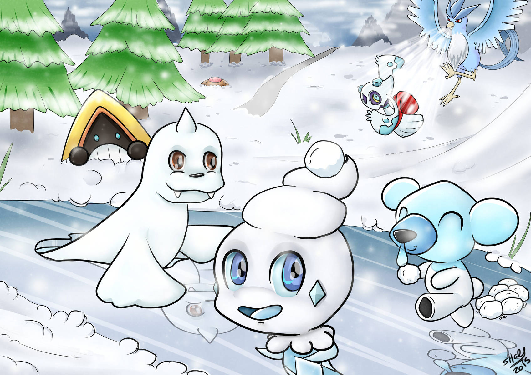 Cartoon 桌布 壁紙 — 可愛的冰屬性寶可夢在陰天下的雪地森林中，與松樹和遠山嬉戲玩耍。