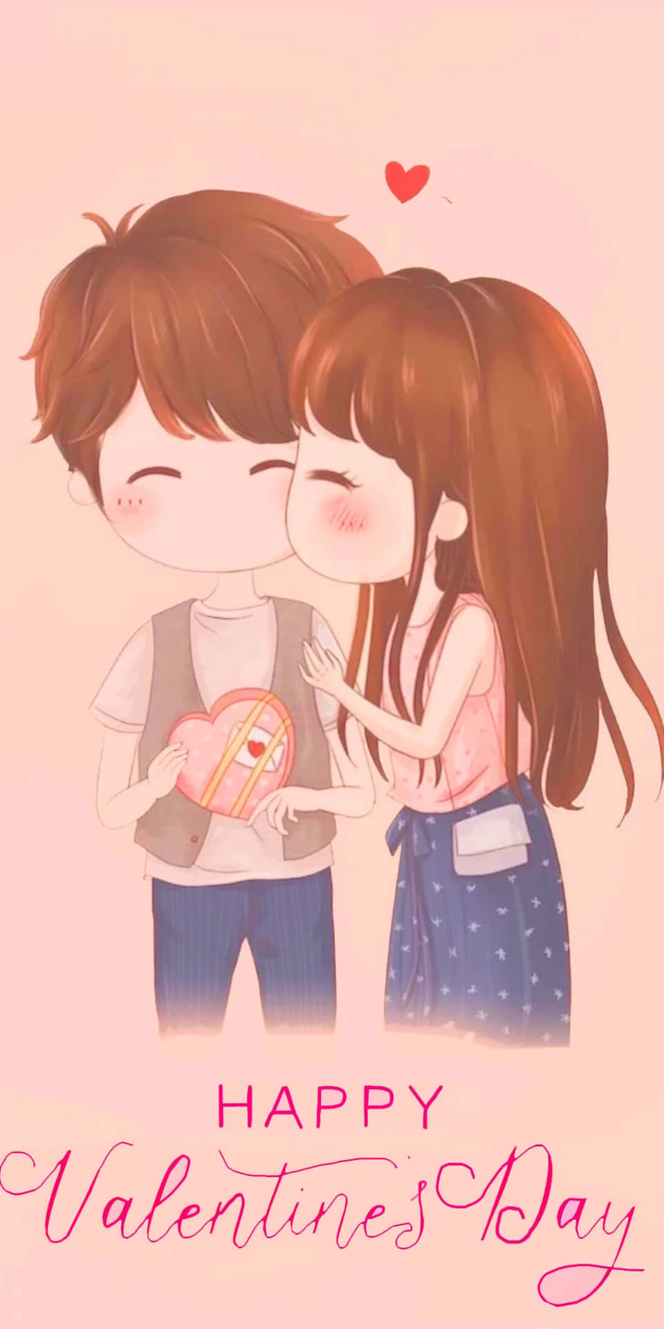 couple kiss 桌布 壁紙 — 可愛的動漫情侶在柔和的粉紅色背景下分享甜蜜時刻，手持心形禮物。
