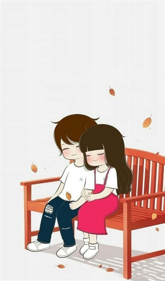 couple love 桌布 壁紙 — 可愛的動漫情侶在紅色長椅上依偎，秋葉在他們周圍飄落。