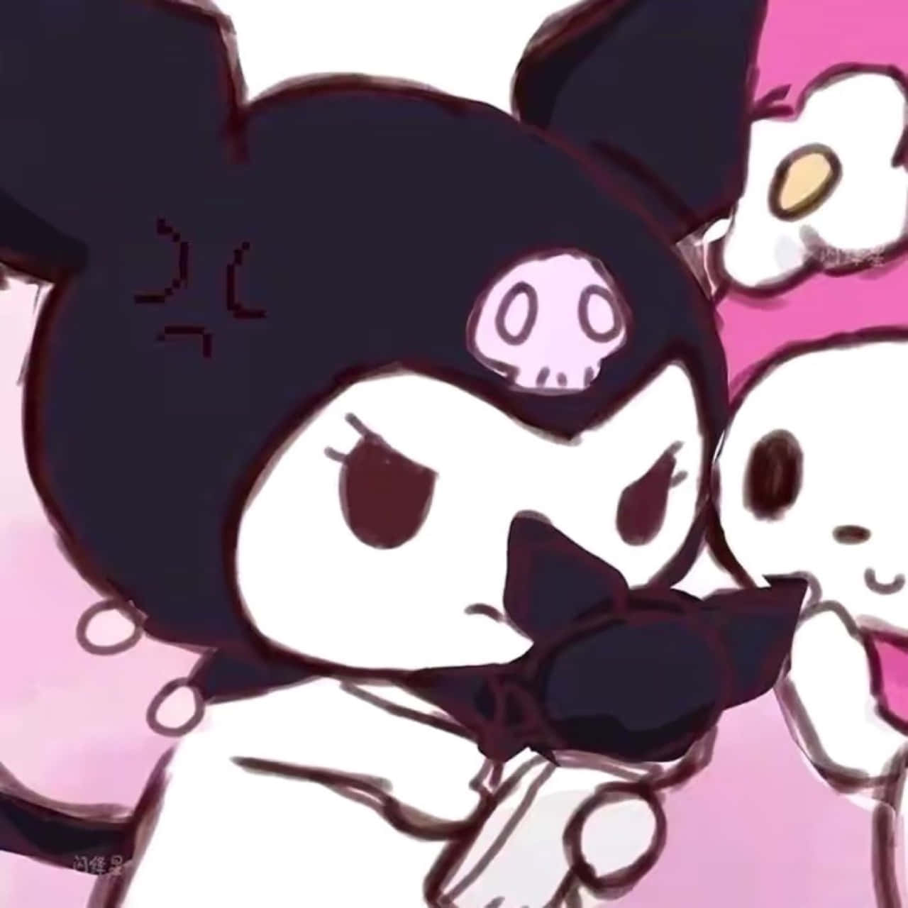 三麗鷗角色 桌布 壁紙 — 可愛的動漫風格Kuromi，帶有骷髏圖案和憤怒表情，背景是柔和的粉紅色，並有部分Hello Kitty。