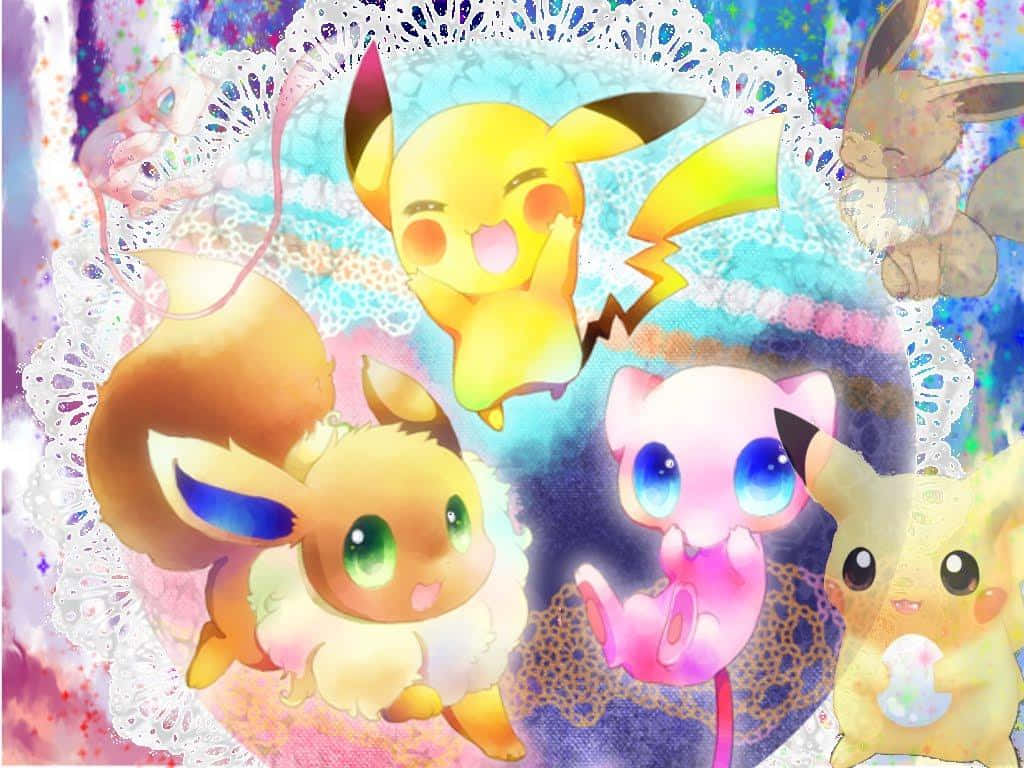 Cute Pikachu And Eevee 桌布 壁紙 — 可愛的動漫風格寶可夢角色，如皮卡丘和伊布進化型，在夢幻的蕾絲邊泡泡中快樂漂浮，背景是閃爍的宇宙。