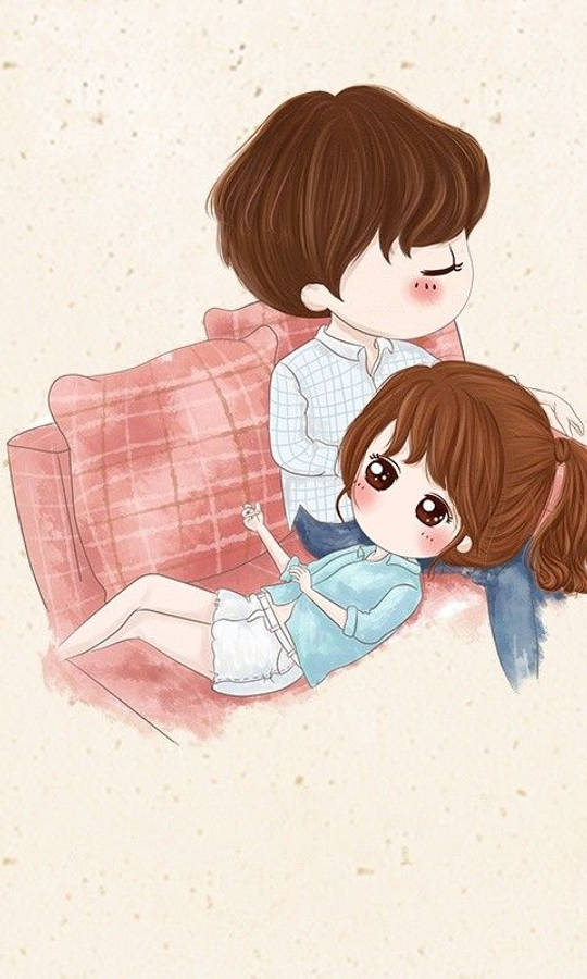 Love Cute Couple 桌布 壁紙 — 可愛的動漫風格情侶在粉紅色格子沙發上依偎，帶有柔和的水彩質感和溫暖色調。
