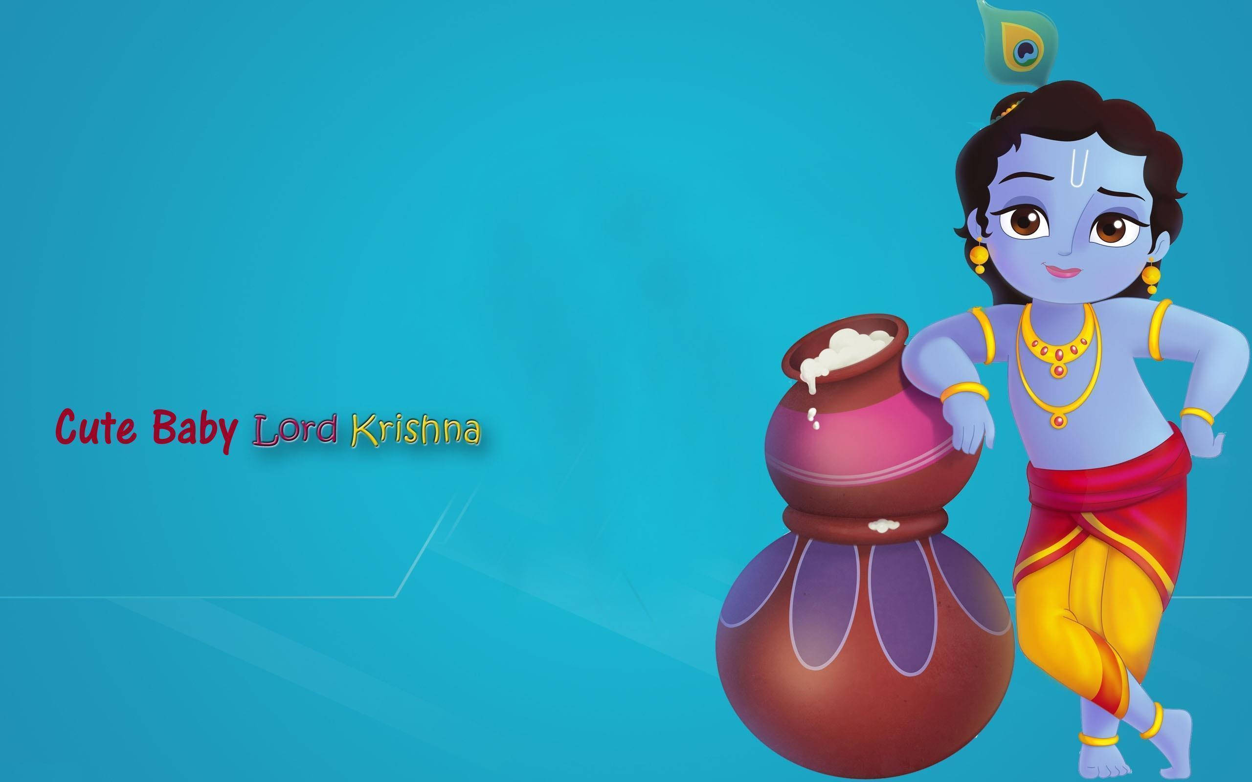 Little Krishna 桌布 壁紙 — 可愛的動畫嬰兒克里希納神穿著傳統服飾，在純藍色背景前拿著一個牛奶罐。
