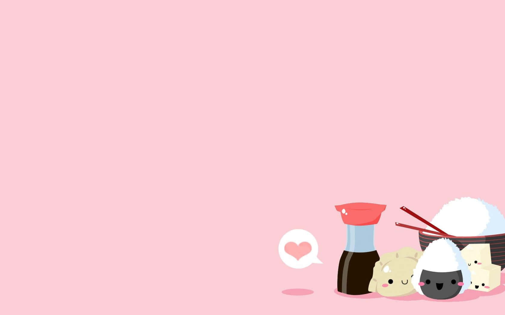 Kawaii Japanese Food 桌布 壁紙 — 可愛的卡哇伊壽司角色，配有醬油瓶和筷子，在柔和的粉紅色背景上。