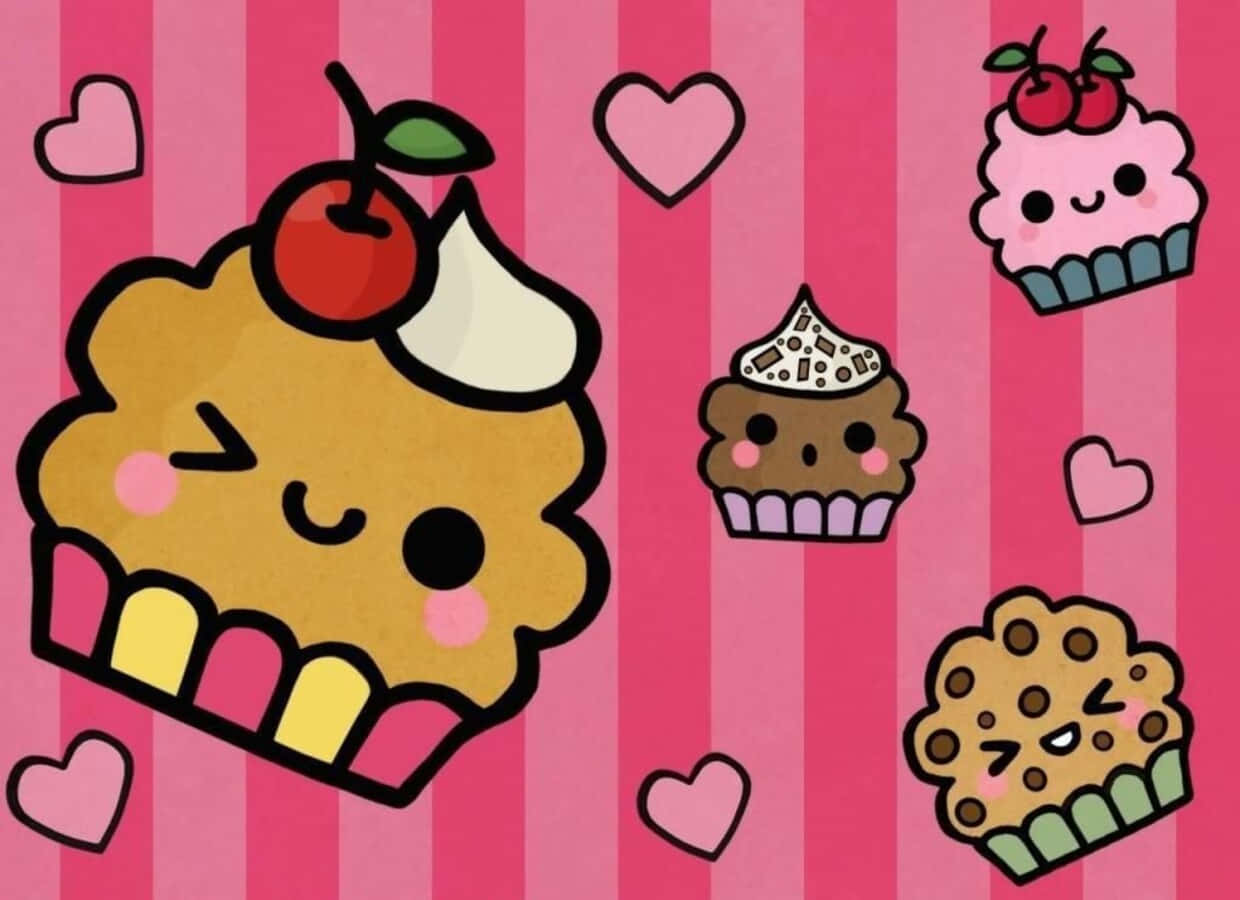 Kawaii Dessert 桌布 壁紙 — 可愛的卡哇伊杯子蛋糕，上面有櫻桃配料和紅潤的臉頰，在條紋背景中漂浮在粉紅色的心形之間。