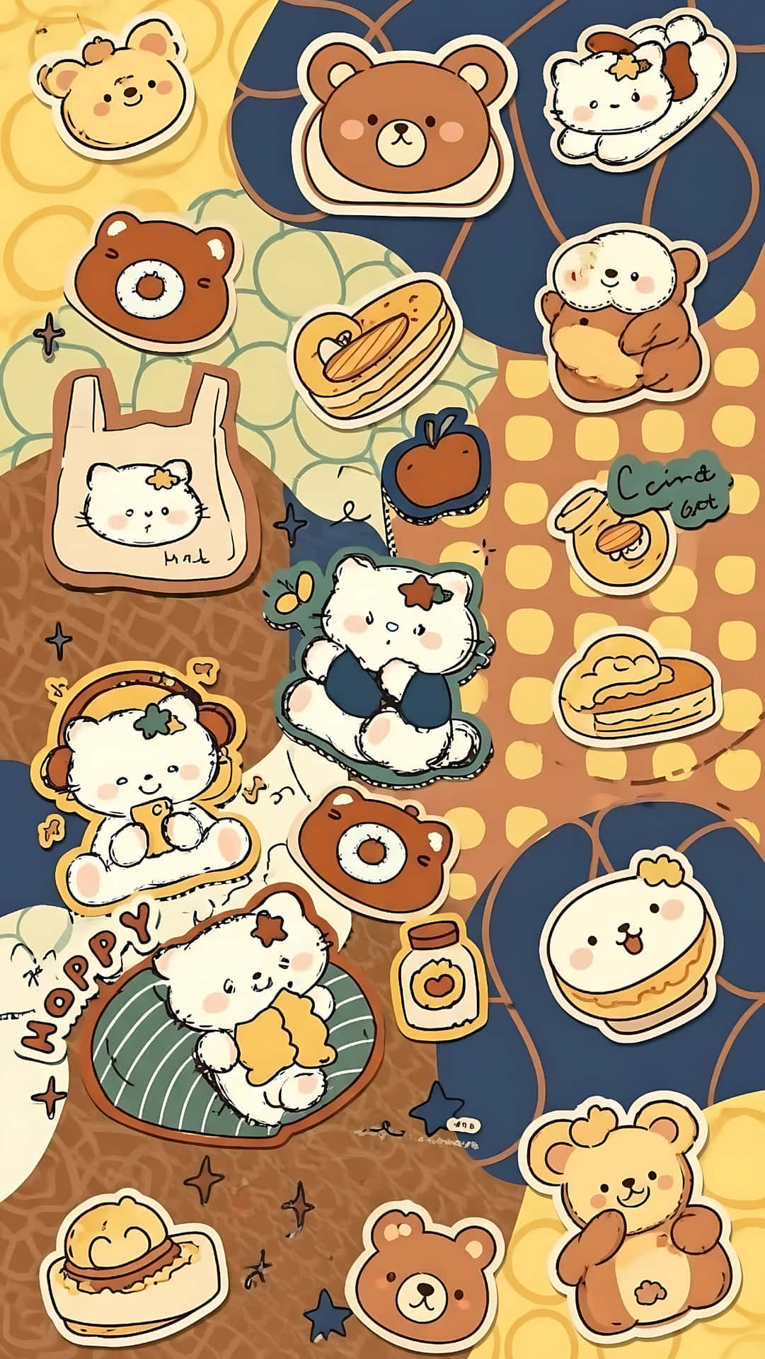 Cute Teddy Bear and Kitty Sticker Collage Wallpaper 壁紙 — 可愛的卡哇伊熊和食物貼紙，以溫暖色調印在圖案背景上。