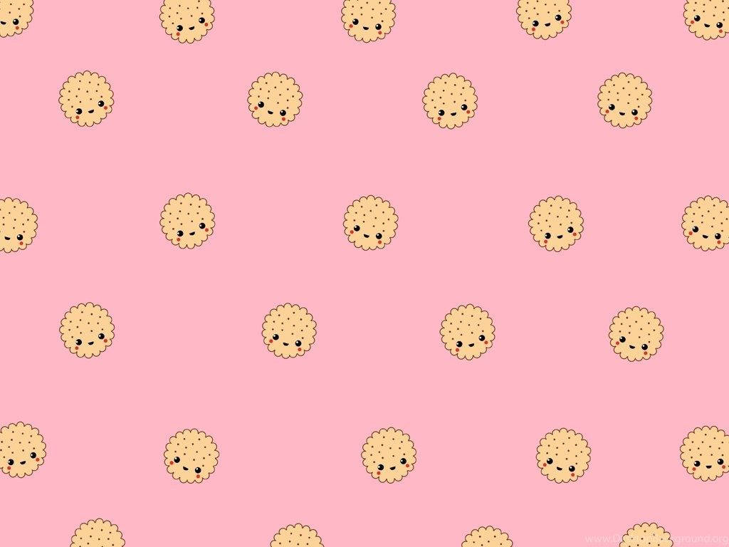 cute and pink 桌布 壁紙 — 可愛的卡哇伊風格餅乾，帶有可愛的臉孔，散落在柔和的粉紅色背景上。
