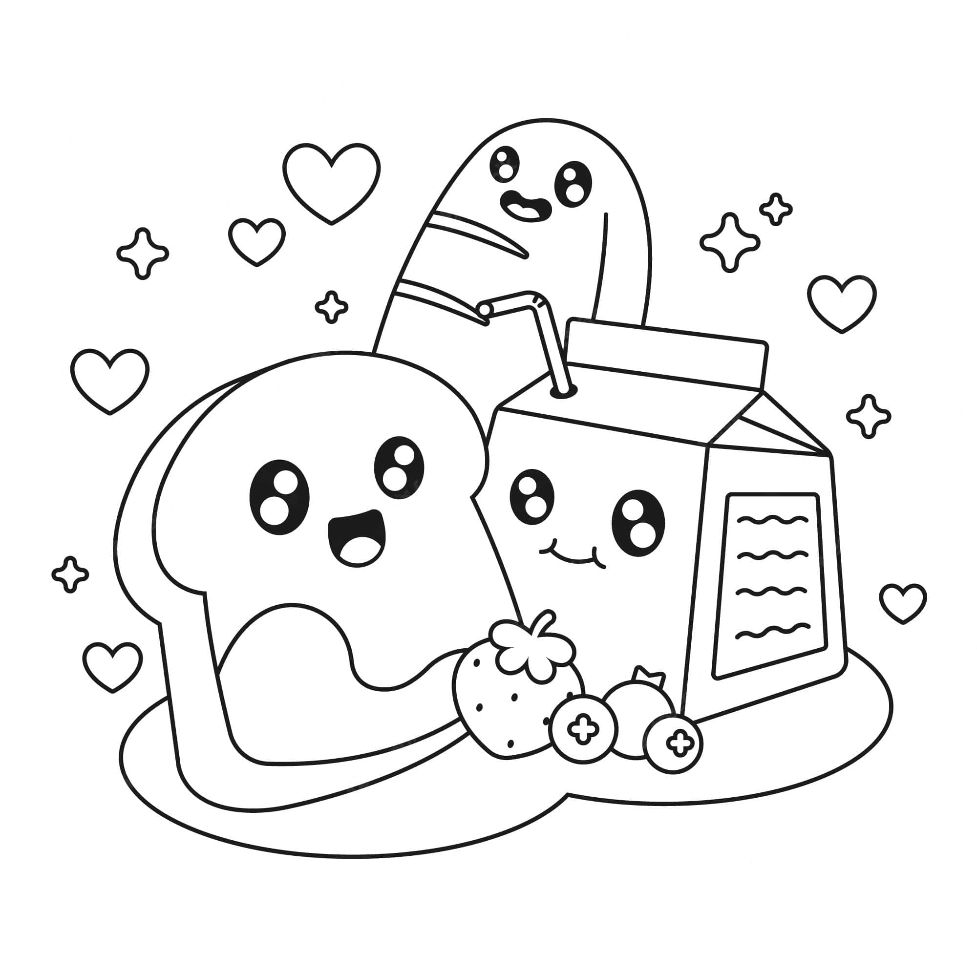 coloring 桌布 壁紙 — 可愛的卡哇伊風格黑白線條畫，畫了微笑的吐司牛奶盒和草莓，還有愛心和星星。