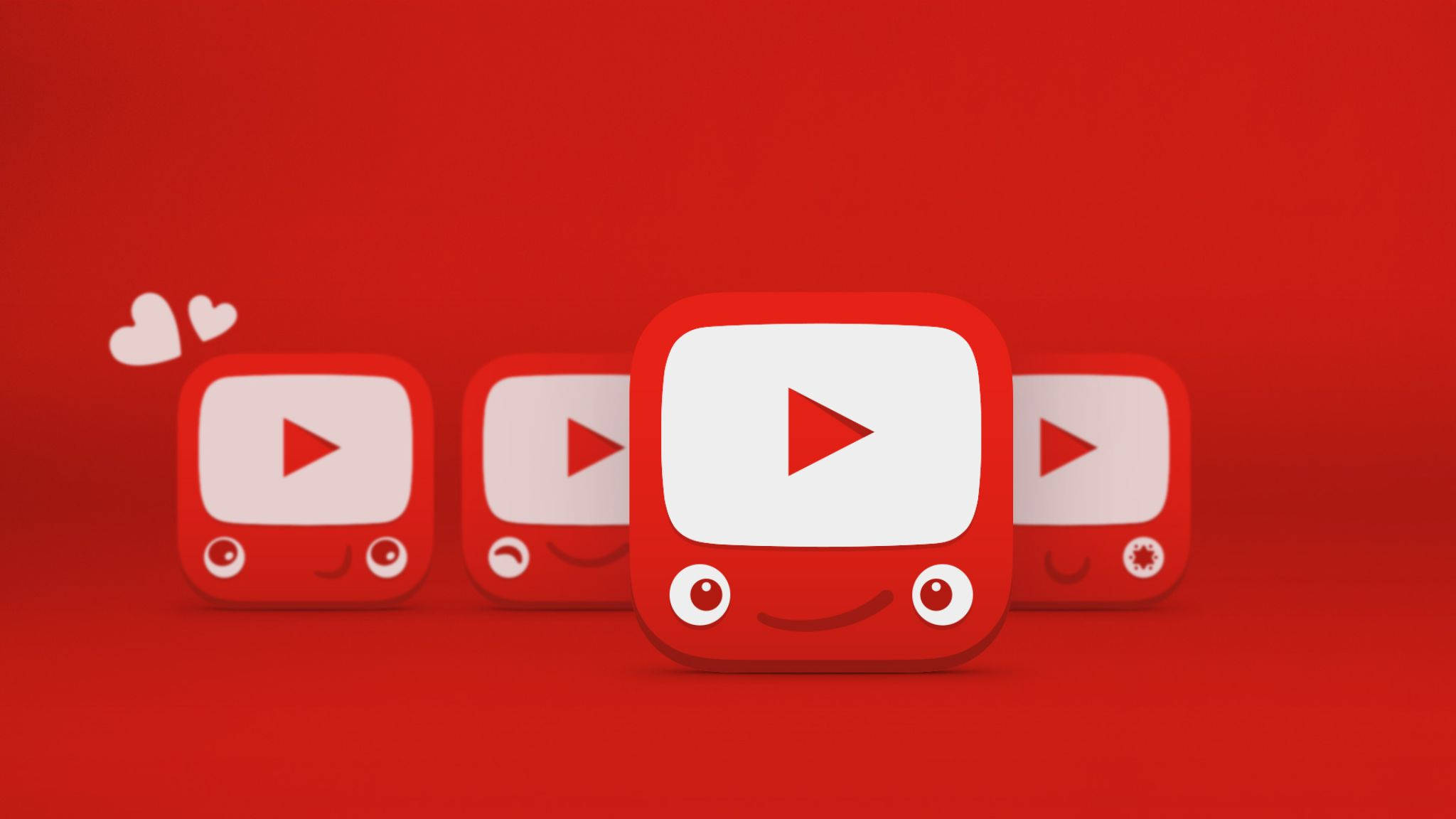 Internet 桌布 壁紙 — 可愛的卡通YouTube圖示，帶有微笑的臉和愛心，漂浮在純紅色背景上。