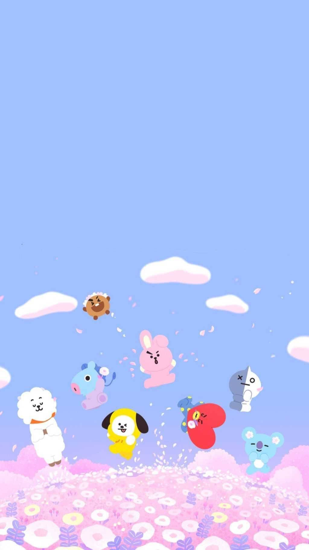 Cooky Bt21 桌布 壁紙 — 可愛的卡通人物在柔和的藍天下，飄浮在粉紅色花田上方，伴隨著 fluffy 雲朵。
