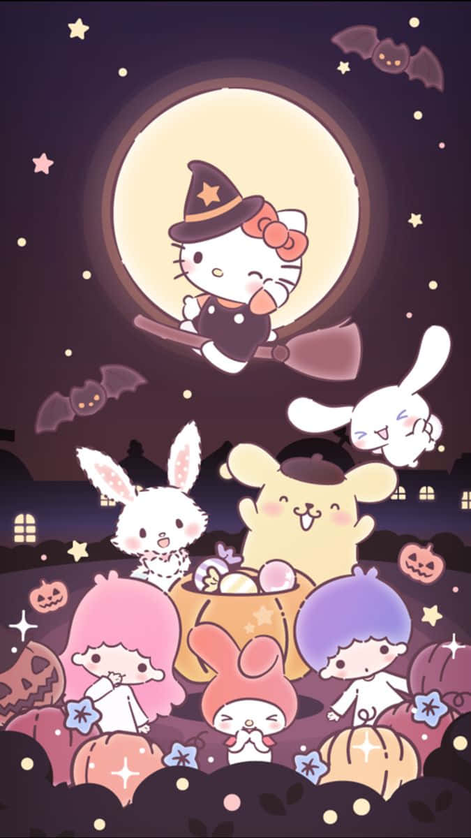 Hello Kitty 桌布 壁紙 — 可愛的卡通人物在滿月下慶祝萬聖節，有蝙蝠、南瓜和星星。