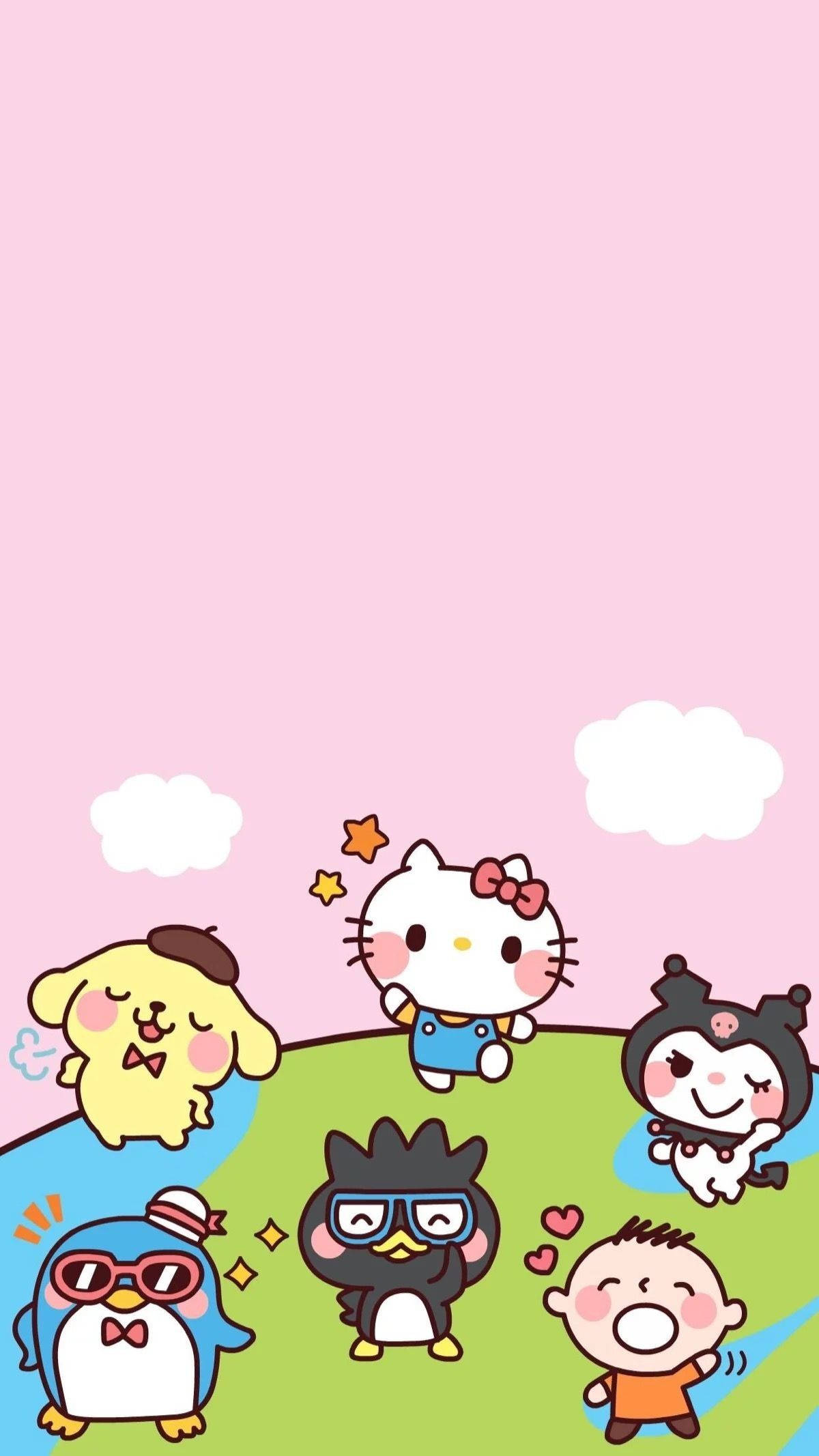 Cute Cartoon Dog 桌布 壁紙 — 可愛的卡通人物戴著太陽眼鏡和蝴蝶結，在柔和的粉紅色天空下，在長滿青草的小山上嬉戲地聚集，天空中有蓬鬆的雲朵。