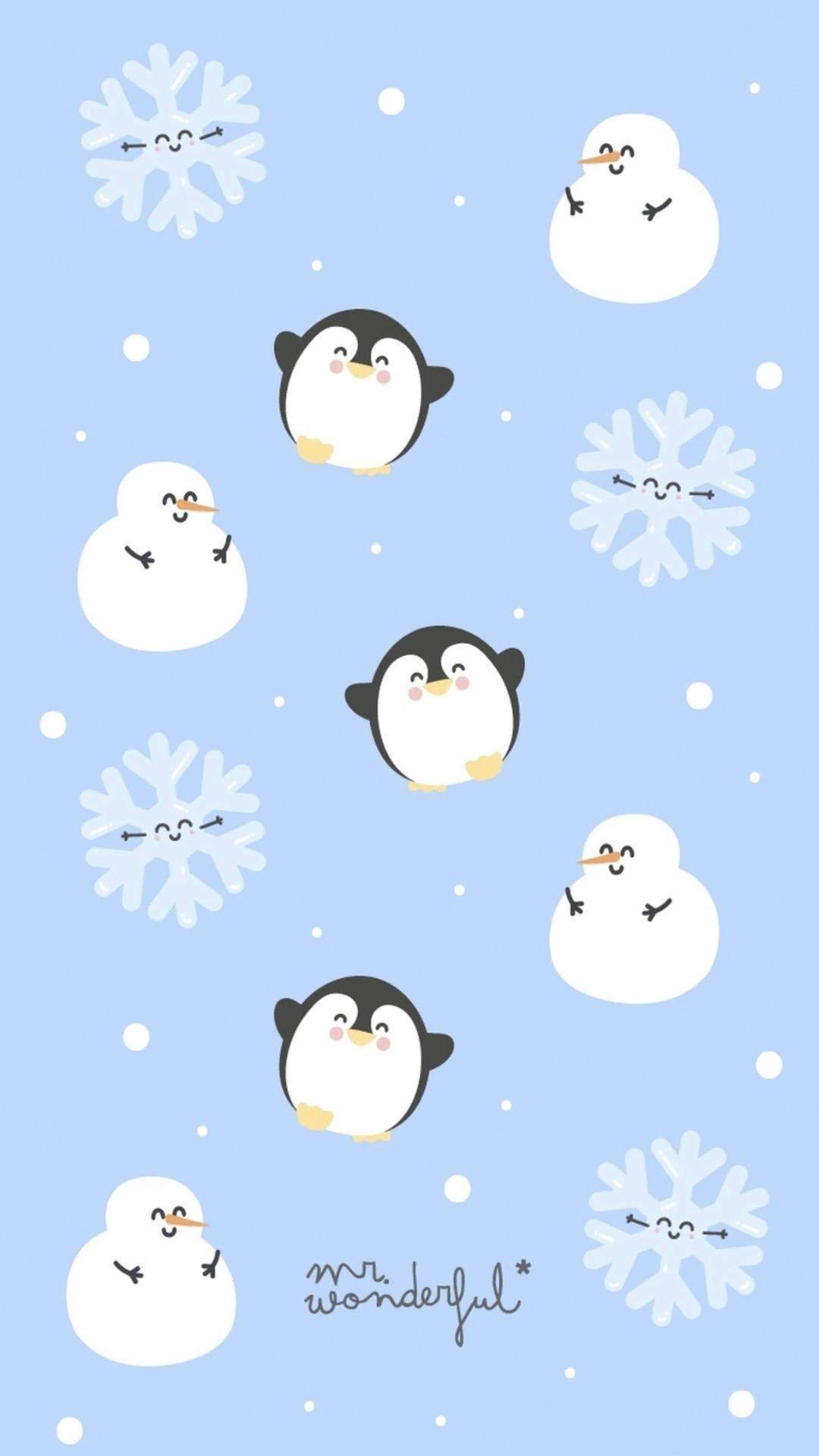 Kawaii Christmas 桌布 壁紙 — 可愛的卡通企鵝和雪人帶著笑臉在柔和的藍色背景上漂浮在雪花之間。
