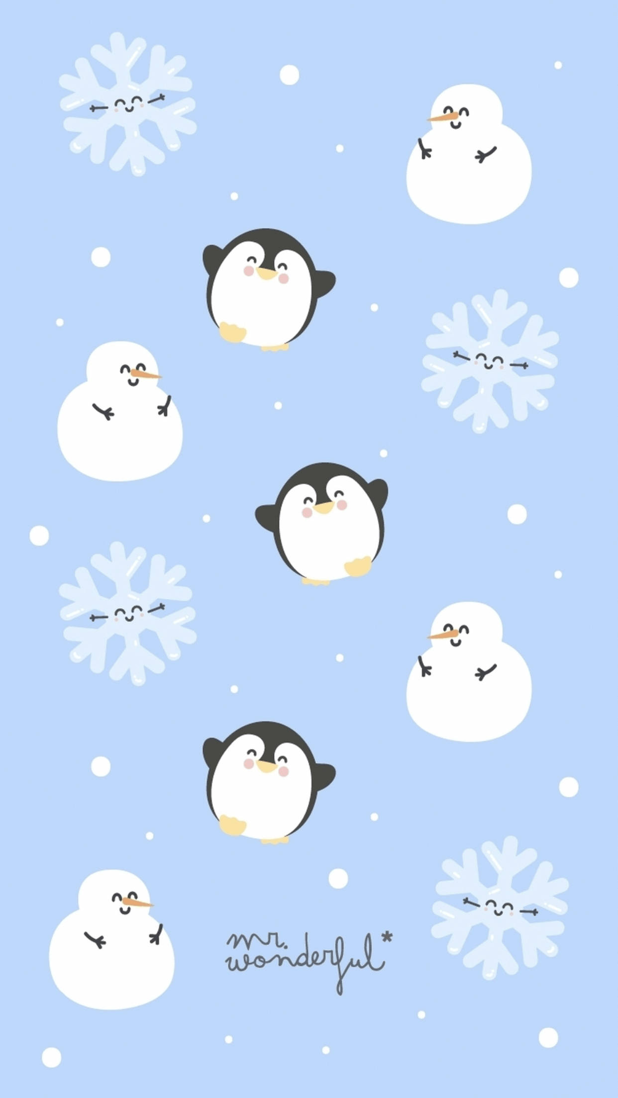 Cute Snow 桌布 壁紙 — 可愛的卡通企鵝和雪人帶著笑臉在柔和的藍色背景上漂浮在雪花中。