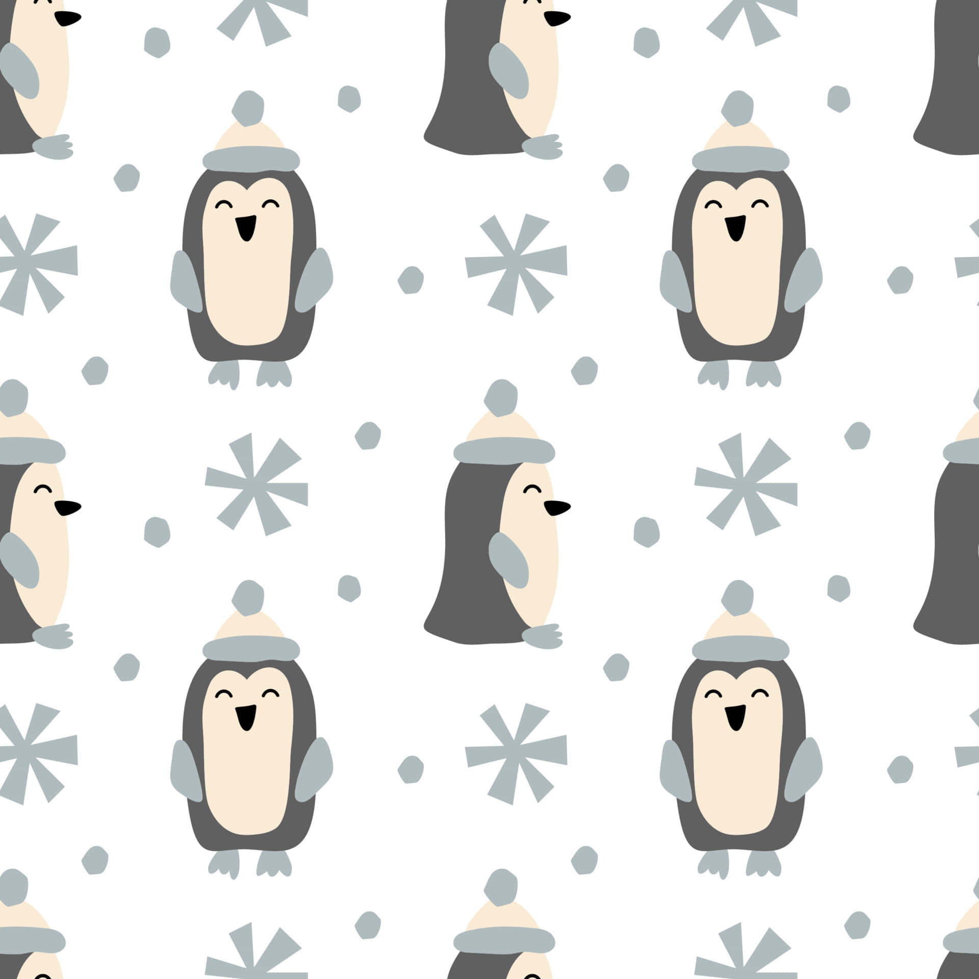 Cute Winter 桌布 壁紙 — 可愛的卡通企鵝戴著冬季帽子，在柔軟的白色背景上飄落的雪花中微笑。
