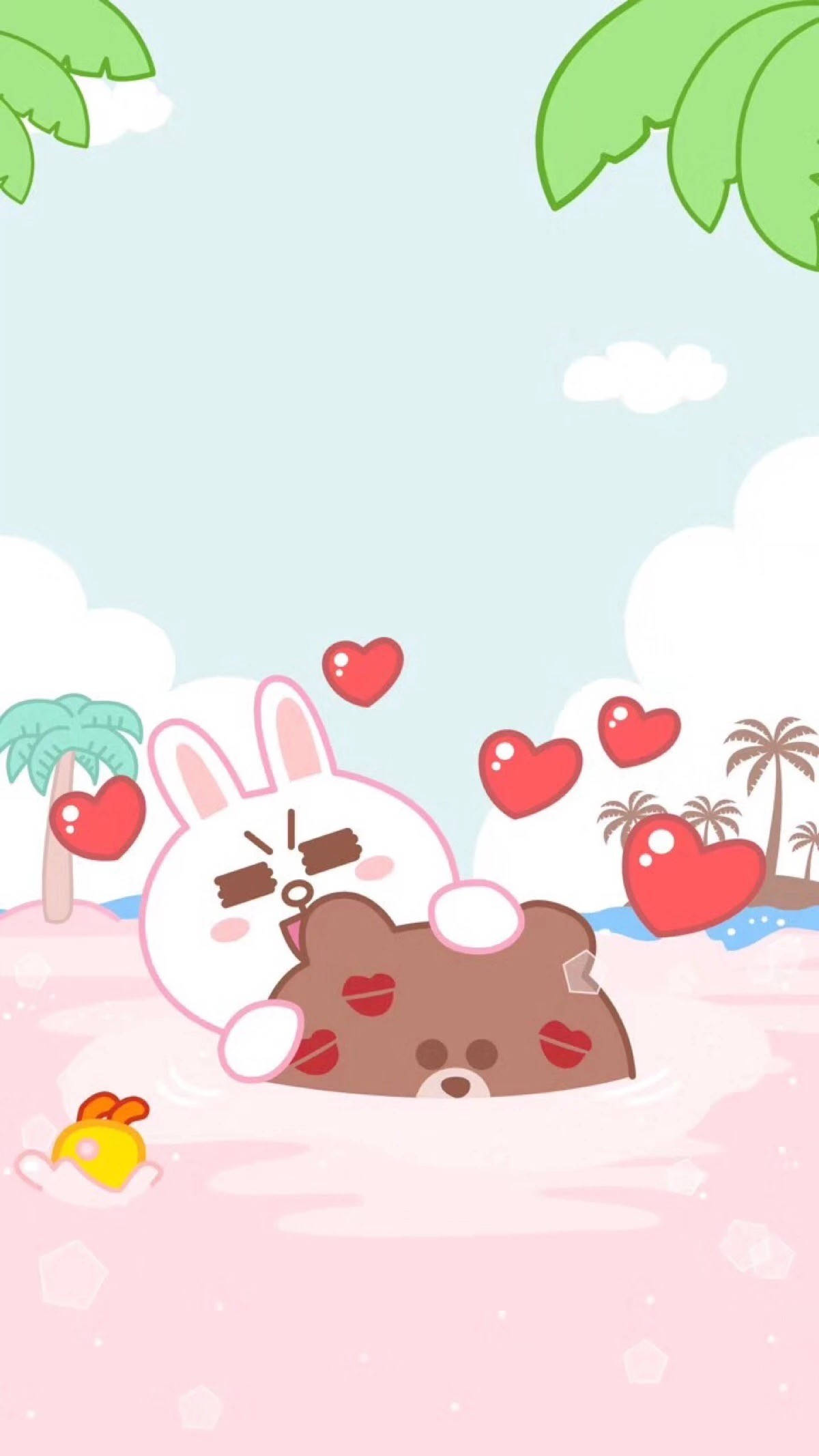 Kakao Friends 桌布 壁紙 — 可愛的卡通兔在粉紅色海灘場景中，有棕櫚樹和漂浮的愛心，頑皮地親吻一隻棕熊。