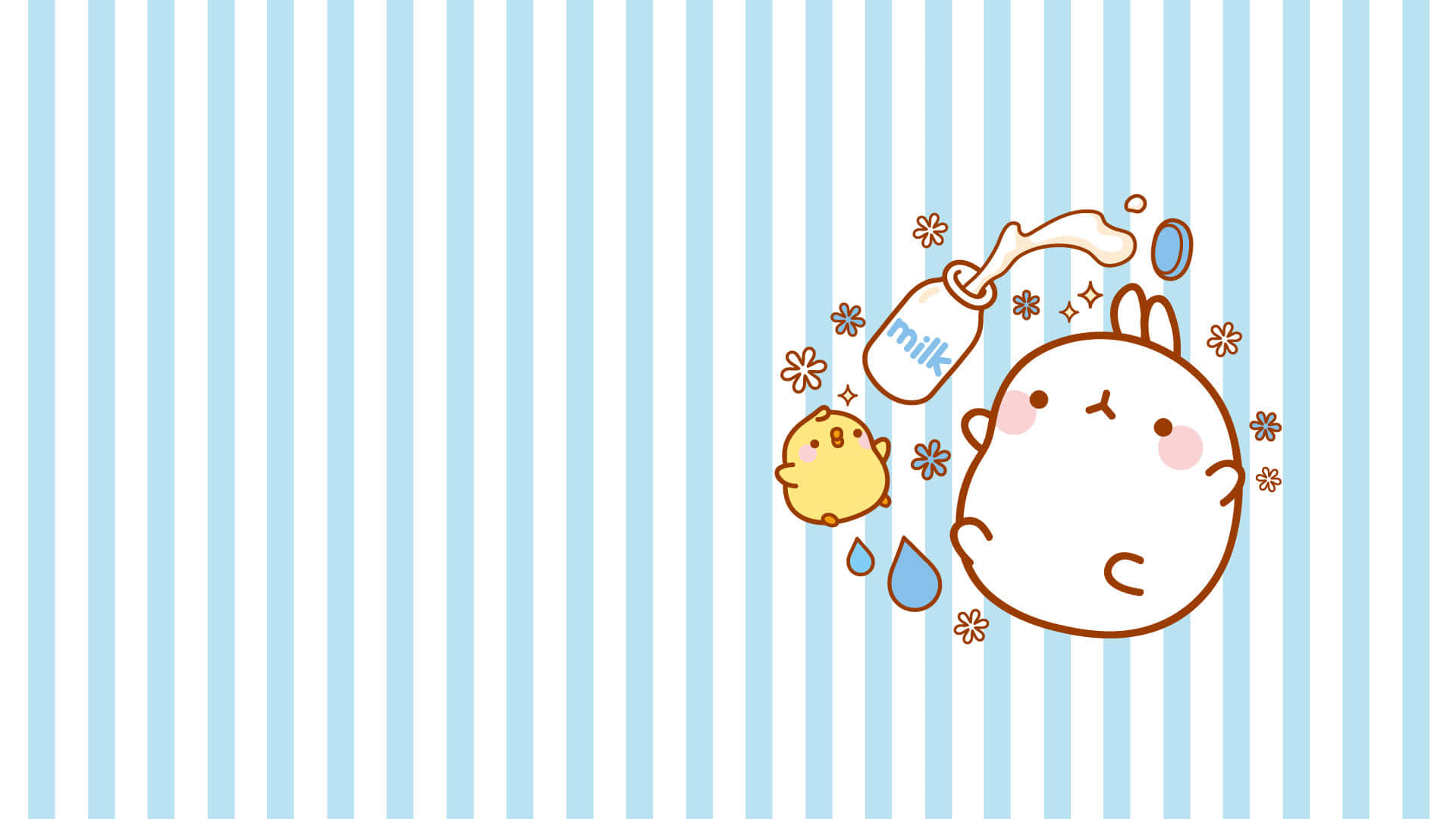 Pusheen Kawaii 桌布 壁紙 — 可愛的卡通兔子和雞仔在藍白條紋背景上享用牛奶，並帶有花卉點綴。