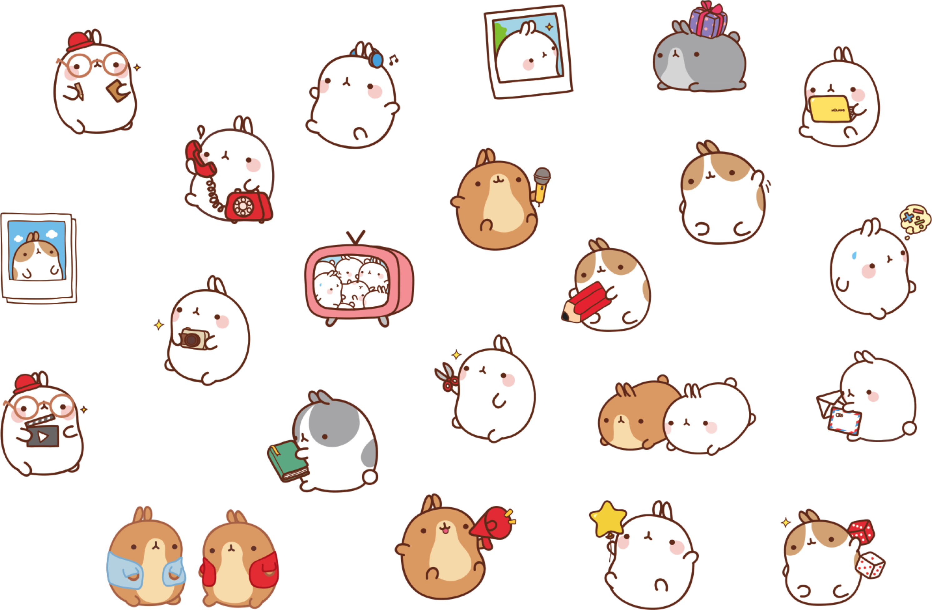 Molang 桌布 壁紙 — 可愛的卡通兔子進行各種日常活動，例如打電話、閱讀和看電視，背景是乾淨的白色。