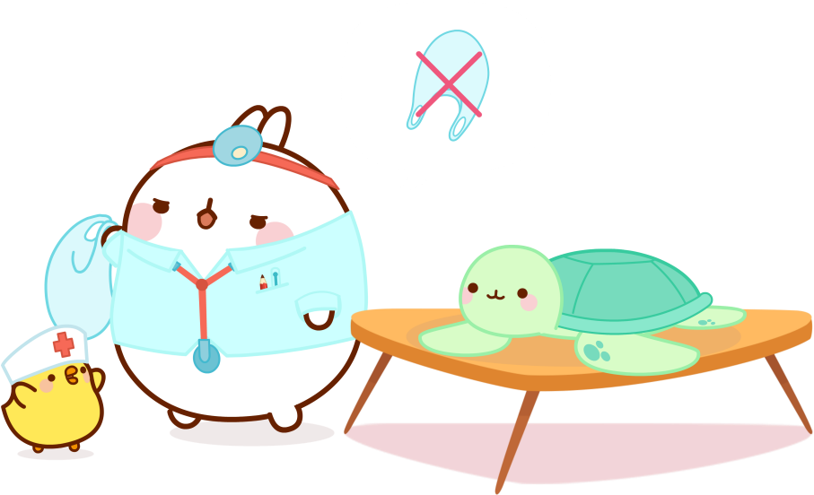 Molang 桌布 壁紙 — 可愛的卡通兔醫生和護士小雞在木桌上照顧一隻綠色烏龜病人。