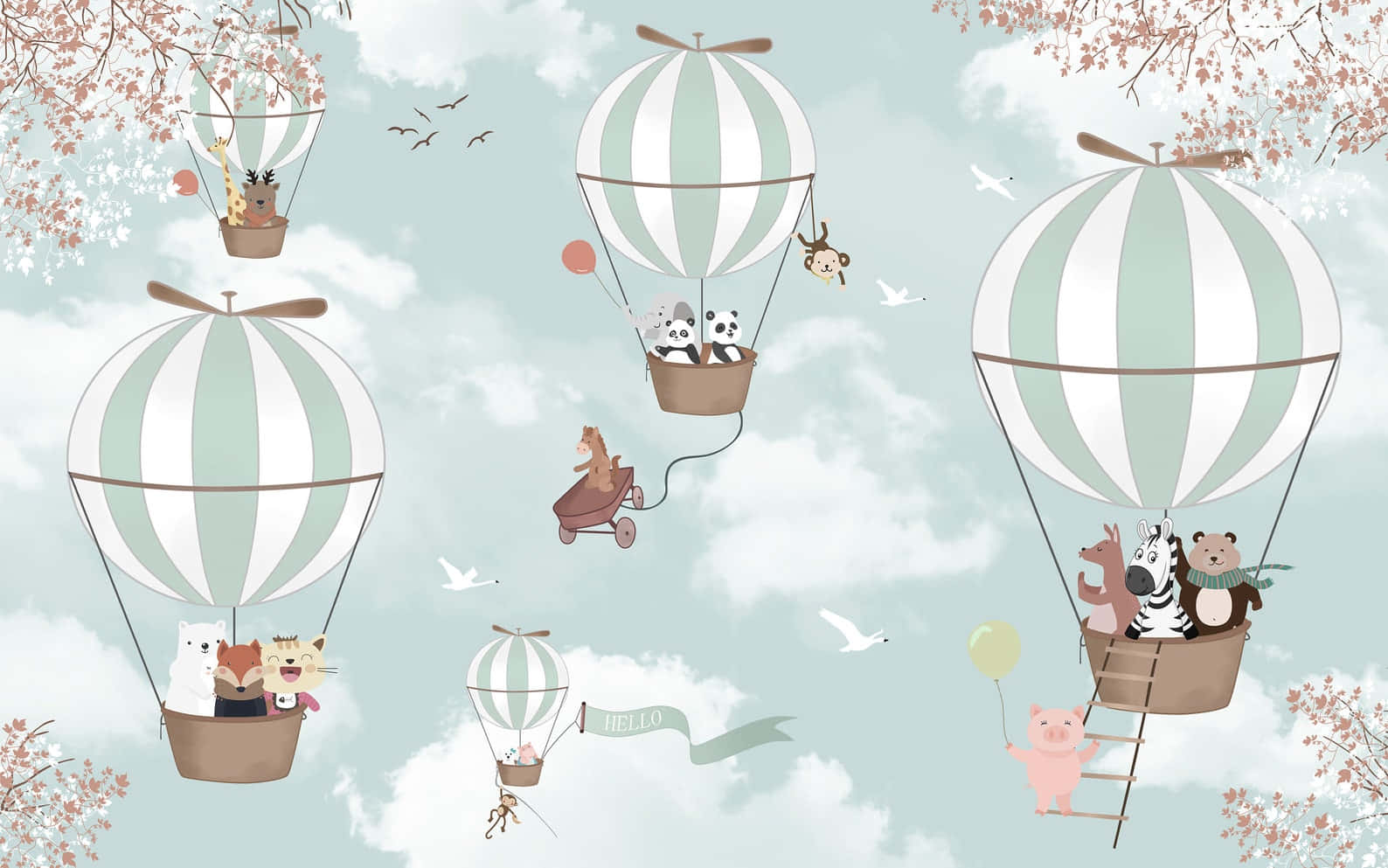 Hot Air Balloon 桌布 壁紙 — 可愛的卡通動物乘坐條紋熱氣球，在櫻花環繞的粉彩天空中飛行。