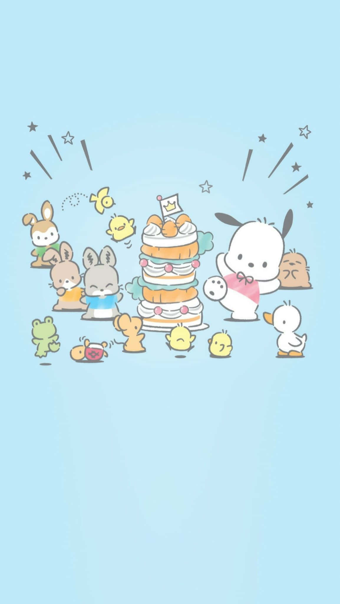 Cute Kawaii Japanese Characters 桌布 壁紙 — 可愛的卡通動物圍繞著一個高高的生日蛋糕，蛋糕上有星星和閃光，背景是柔和的藍色。