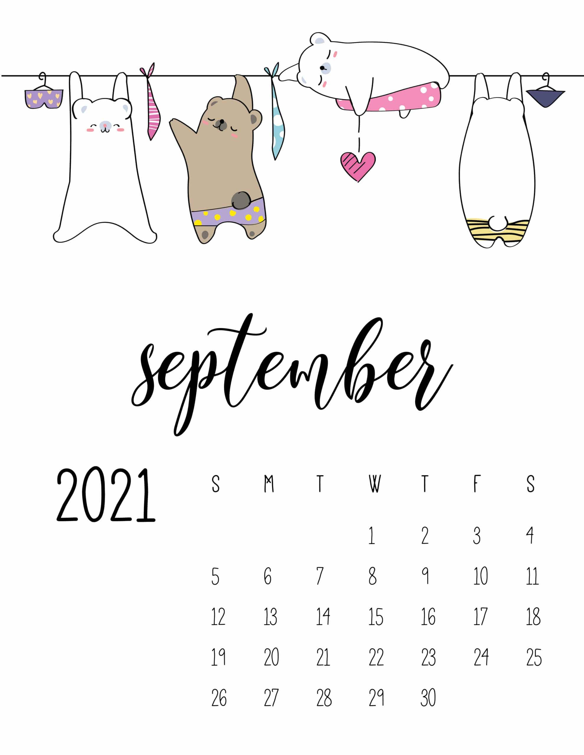September 桌布 壁紙 — 可愛的卡通動物在2021年9月日曆上方晾曬衣物，日曆上有手寫字體。