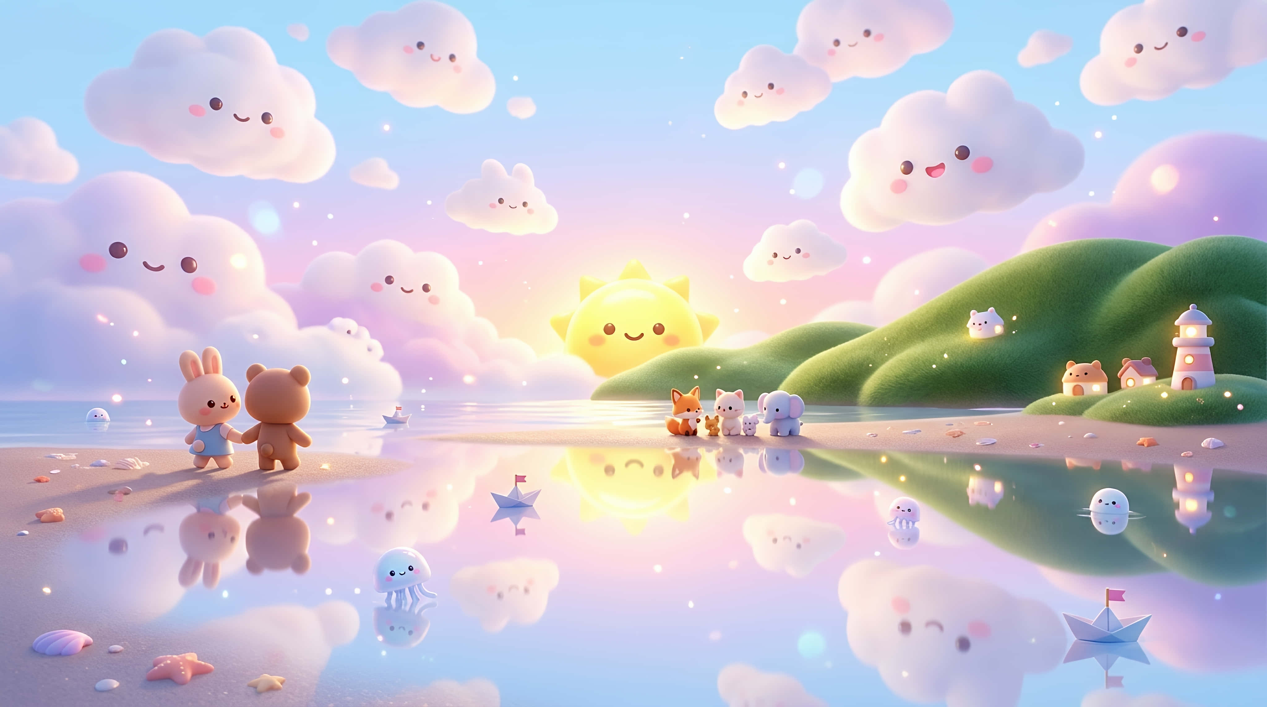 兔子 桌布 壁紙 — 可愛的卡通動物在微笑的雲朵和歡快的太陽映照在平靜水面下的寧靜海灘上漫步。