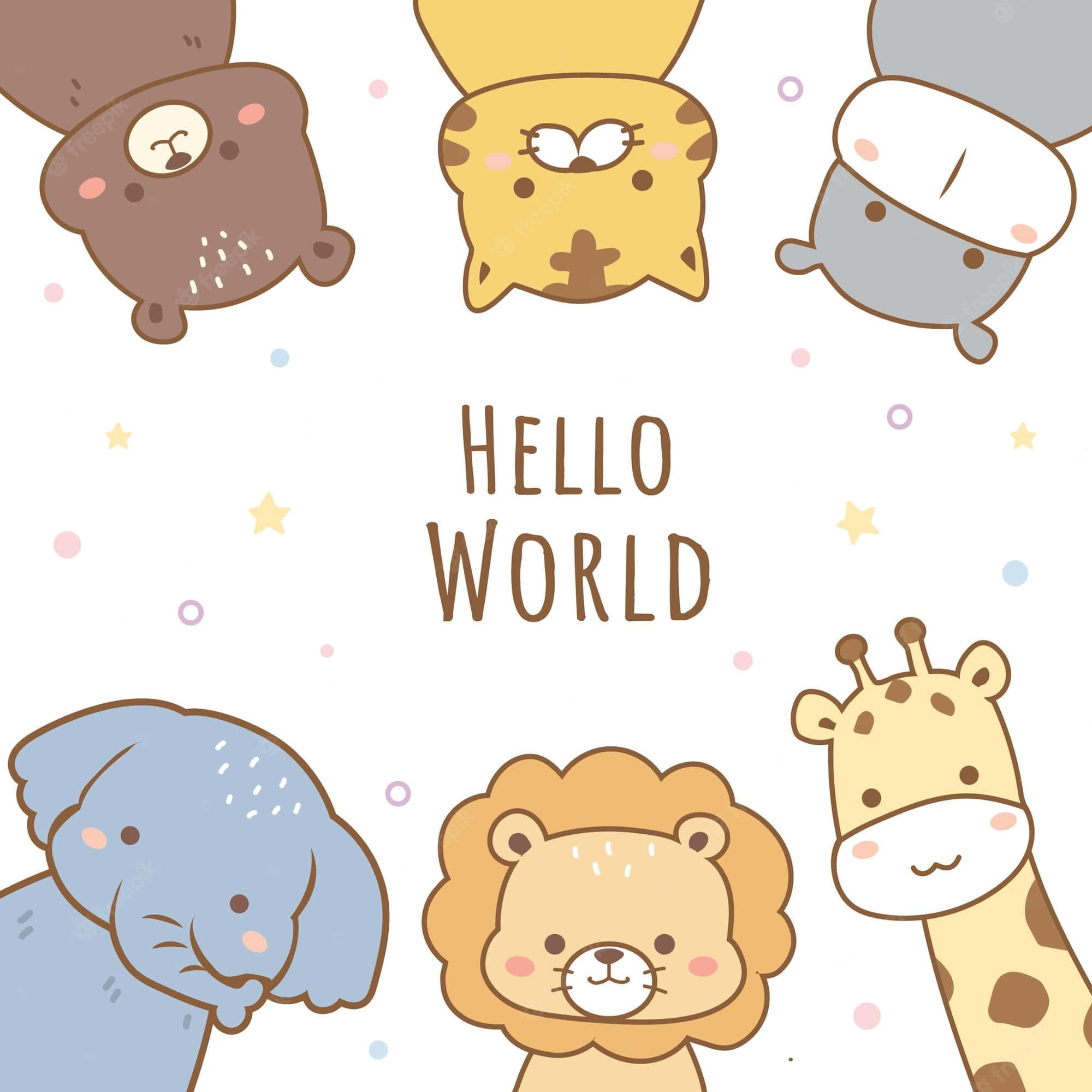 Cartoon Animal 桌布 壁紙 — 可愛的卡通動物在星空背景下圍繞著「Hello World」字樣漂浮。