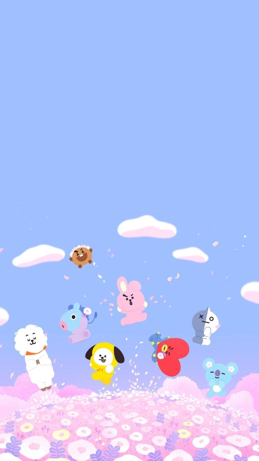 色彩繽紛的卡通動物在藍天下漂浮在粉紅色花田上方。 — BT21 GIF 壁紙