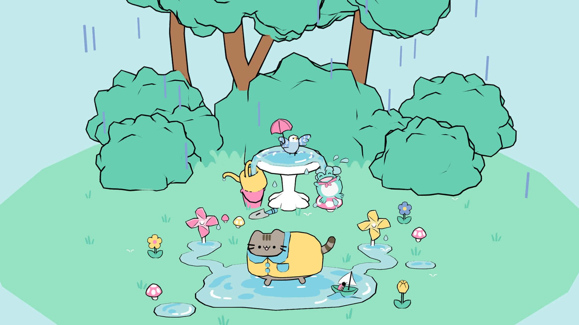 桌布 壁紙 — 可愛的卡通動物在森林中享受雨天，有水坑、花朵和蘑菇桌。