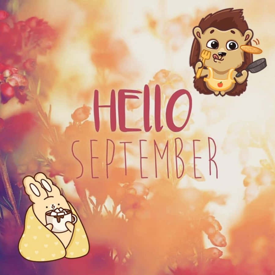 Hello 桌布 壁紙 — 可愛的卡通動物在溫暖的秋日花卉背景下慶祝九月你好。