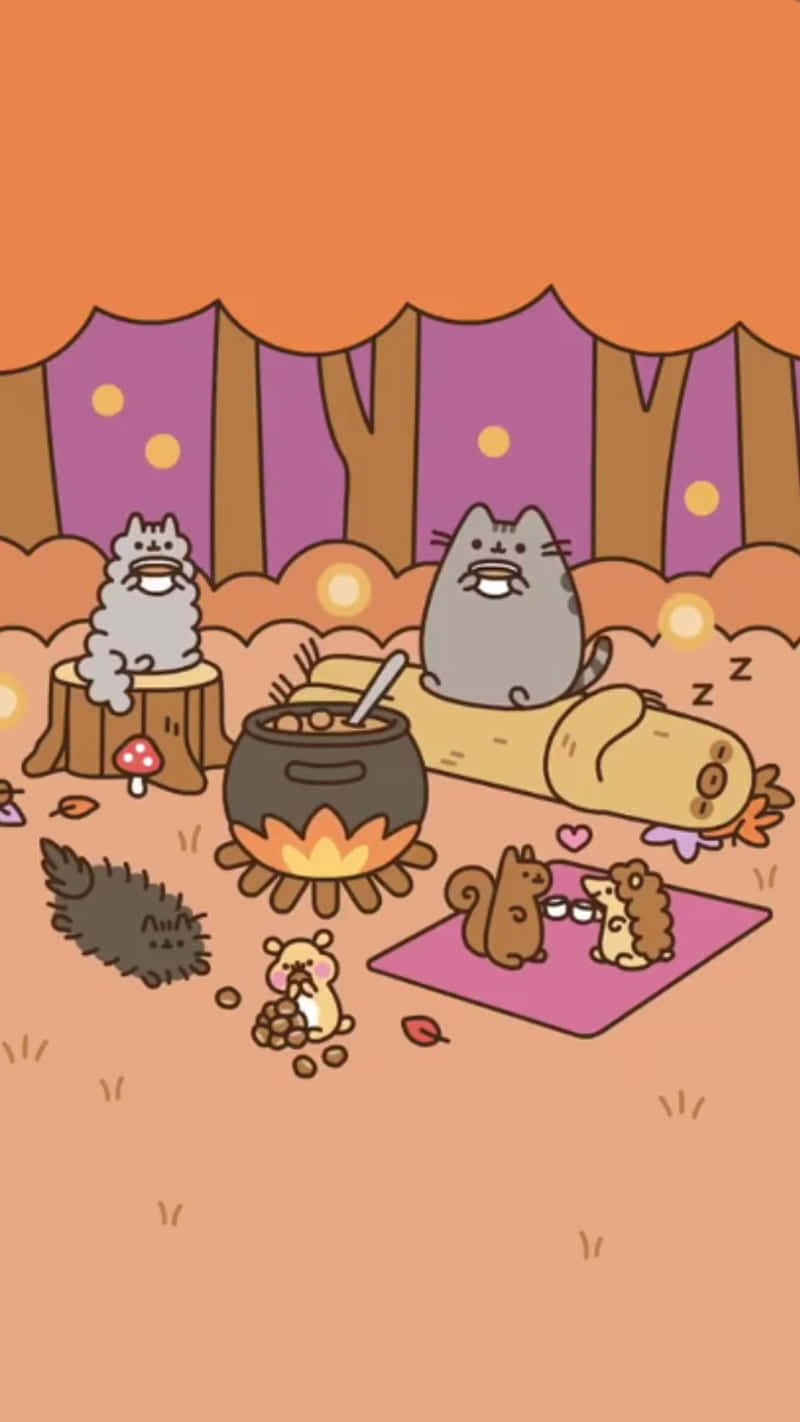 Cute Pusheen 桌布 壁紙 — 可愛的卡通動物在黃昏時分聚集在一個奇幻森林中的營火旁，周圍有溫暖發光的燈光。