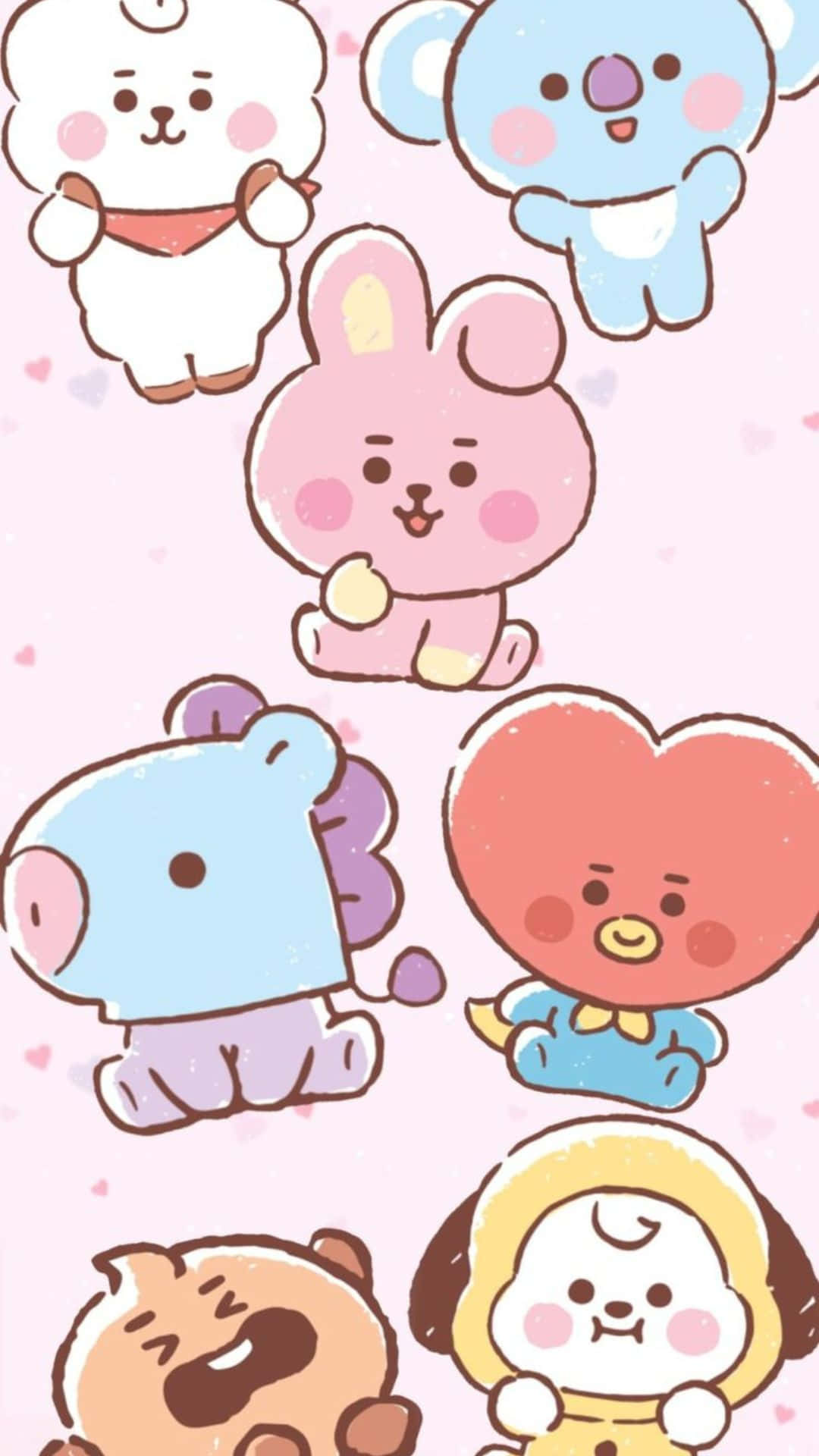 Kawaii Cartoon 桌布 壁紙 — 可愛的卡通動物在點綴著小愛心的柔和粉紅色背景上快樂地漂浮。
