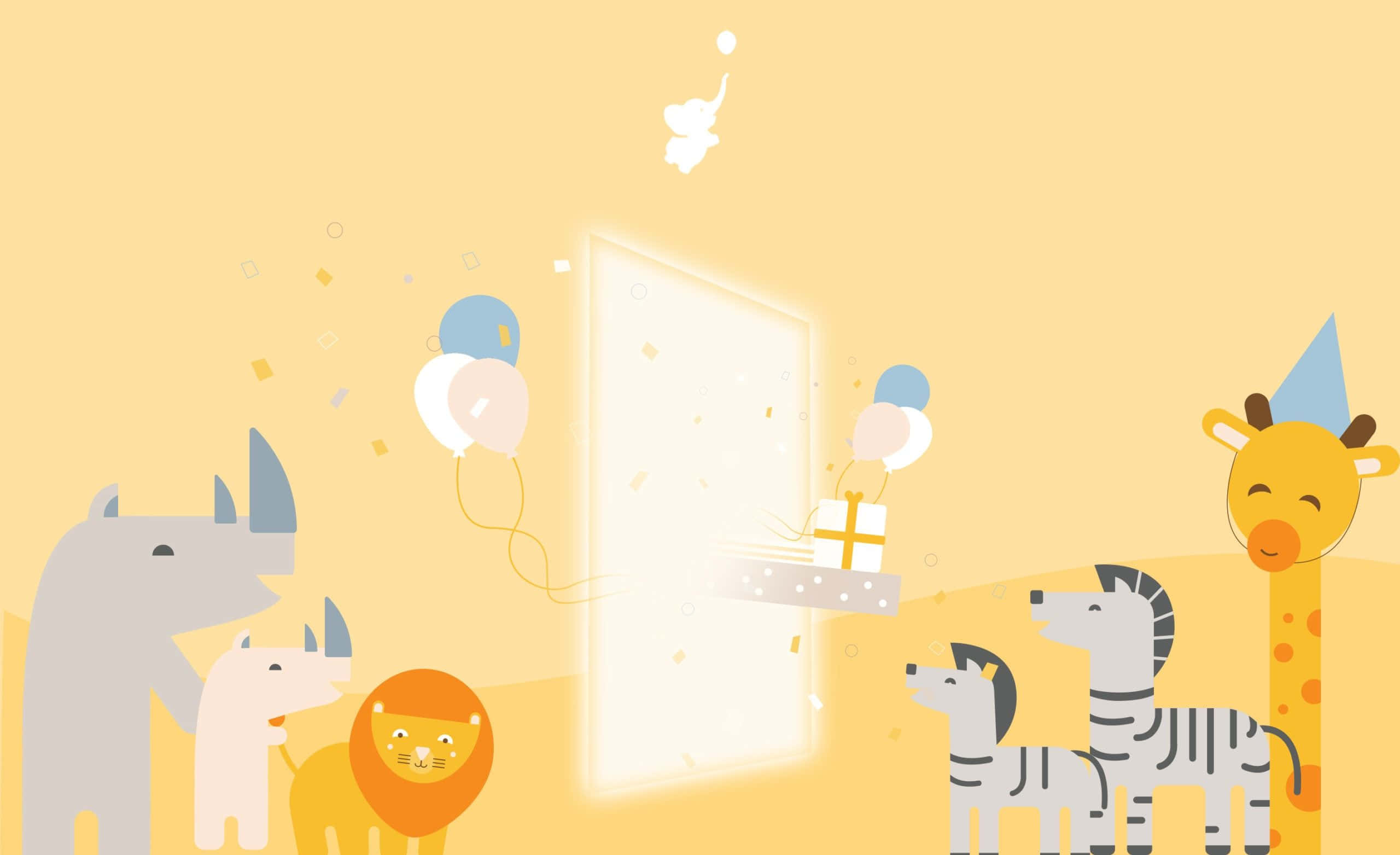animals 桌布 壁紙 — 可愛的卡通動物戴著派對帽，聚集在一扇發光的門周圍，氣球和五彩紙屑在溫暖的黃色燈光中飄浮。