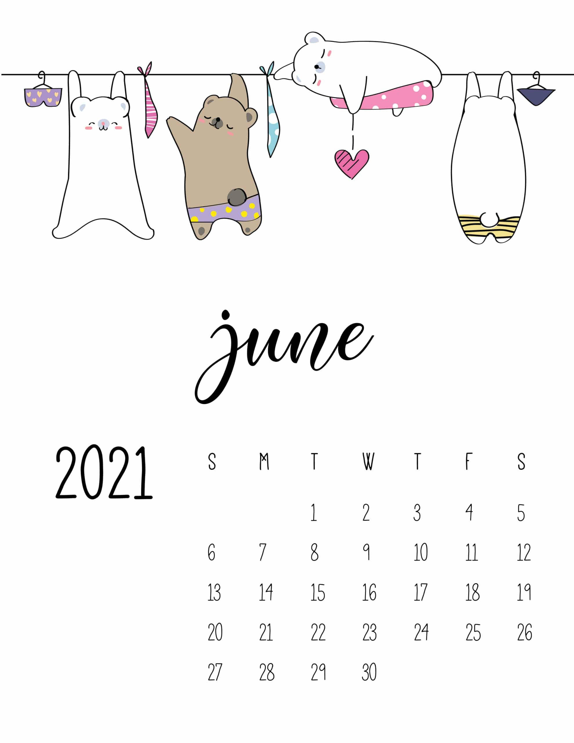 June 桌布 壁紙 — 可愛的卡通動物掛在晾衣繩上，上方是簡約的2021年6月日曆。