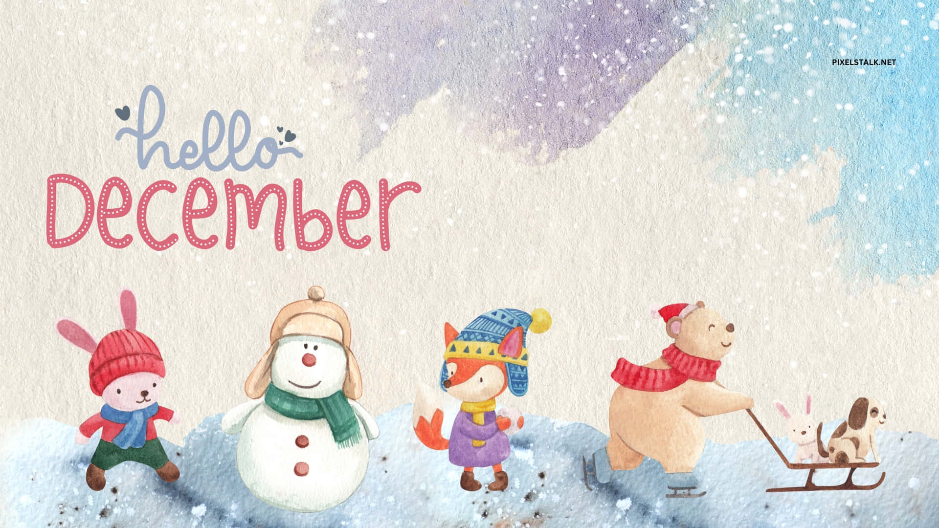 Cute December 桌布 壁紙 — 可愛的卡通動物穿著冬季裝備在雪景中玩耍，雪花飄落，並帶有「你好十二月」的文字。
