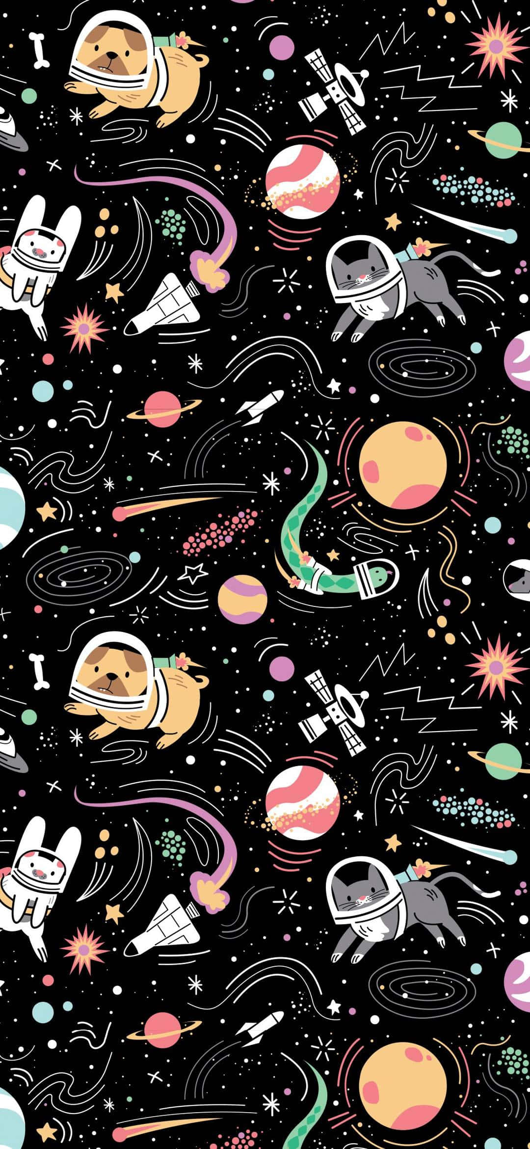 太空 桌布 壁紙 — 可愛的卡通動物穿著太空人服裝，在繁星點點的黑色太空背景下漂浮在色彩繽紛的行星和火箭之間。