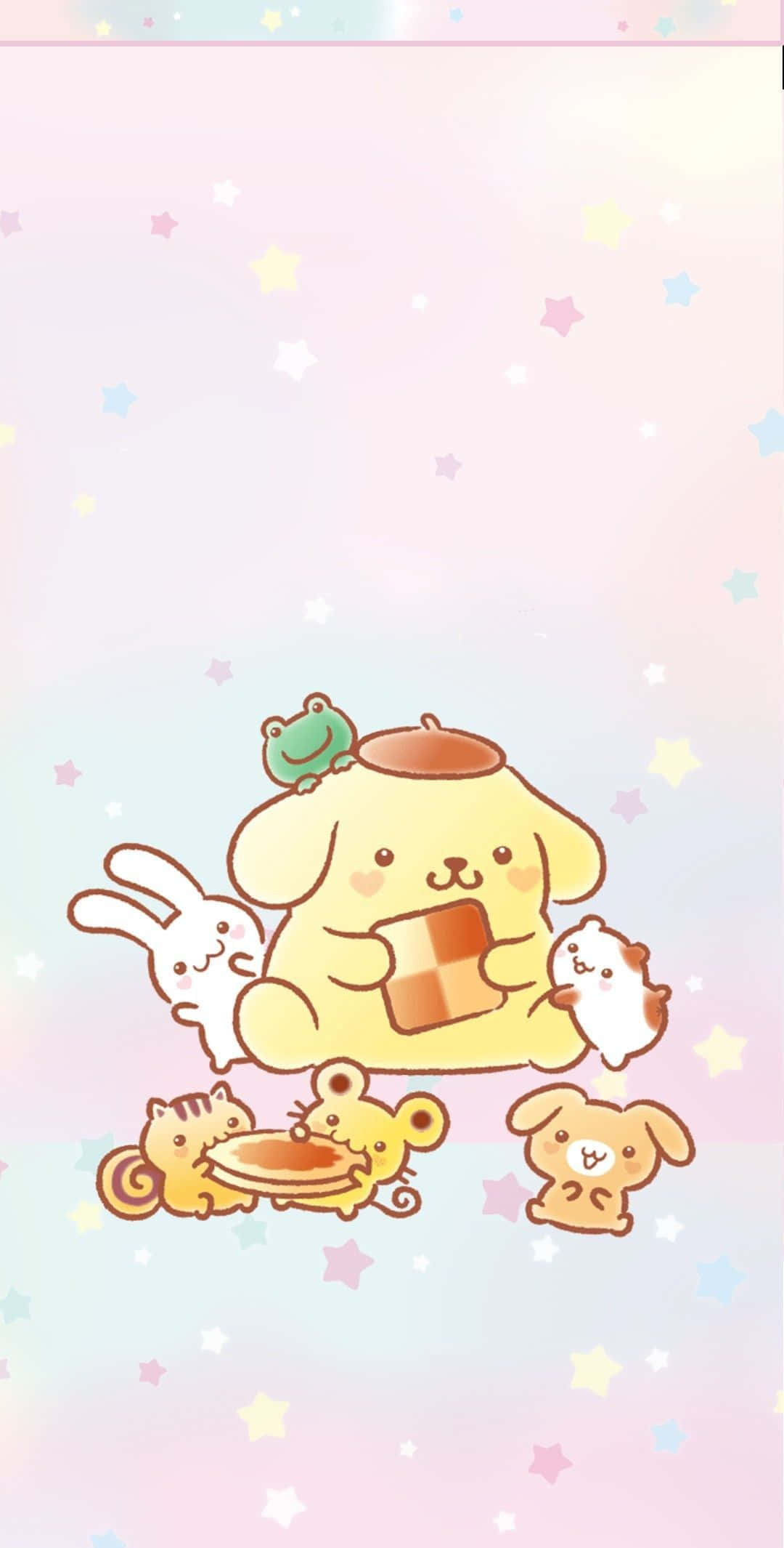 Cute Kawaii Japanese Characters 桌布 壁紙 — 可愛的卡通動物聚集在一隻中央的狗周圍，狗拿著杯子蛋糕，背景是帶有浮動星星的柔和漸變天空。