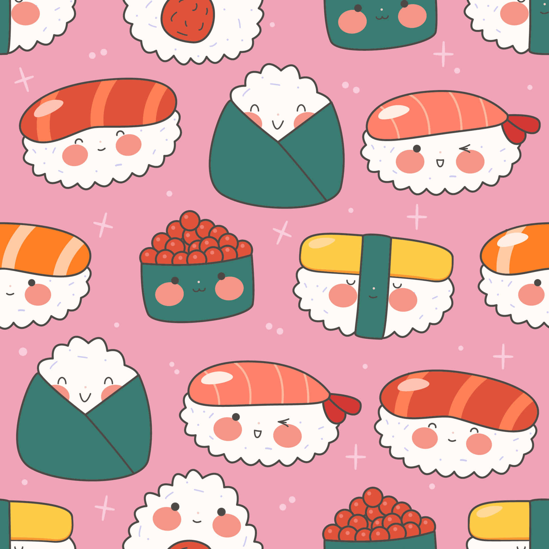 Kawaii Japanese Food 桌布 壁紙 — 可愛的卡通壽司塊，帶有微笑的臉，以俏皮的重複圖案排列在柔和的粉紅色背景上。