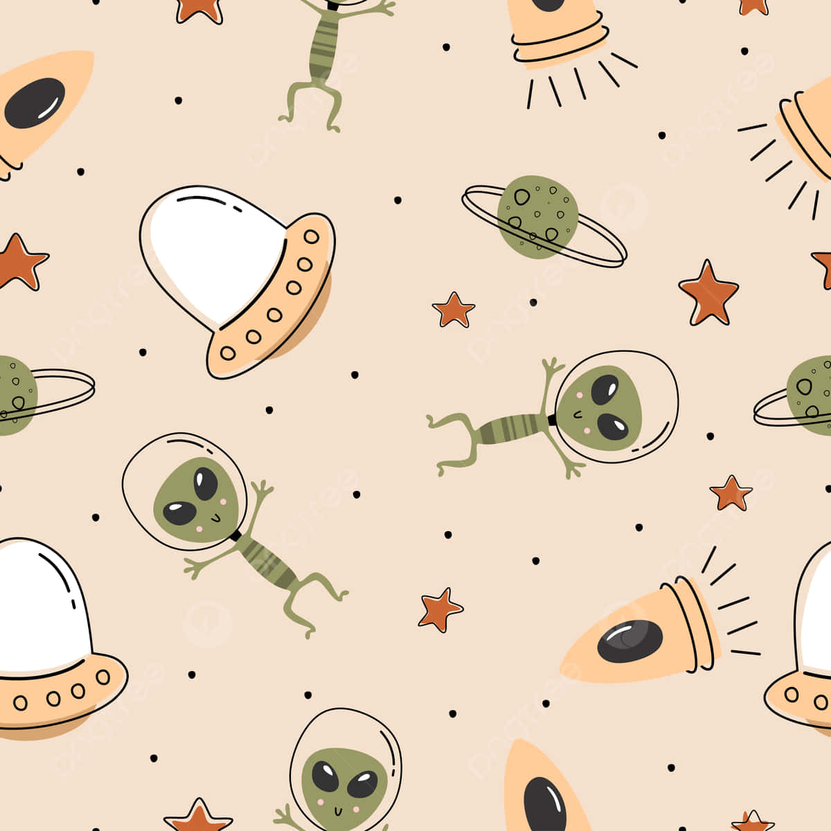Cute Space 桌布 壁紙 — 可愛的卡通外星人在飛碟中漂浮在星星和行星之間，背景是米色。
