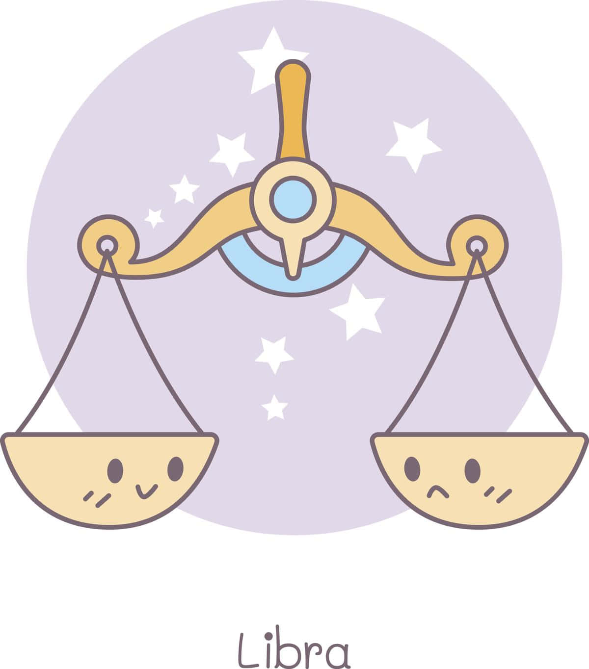 Zodiac Signs 桌布 壁紙 — 可愛的卡通天秤座，有微笑和皺眉的碗，襯托星光薰衣草背景。