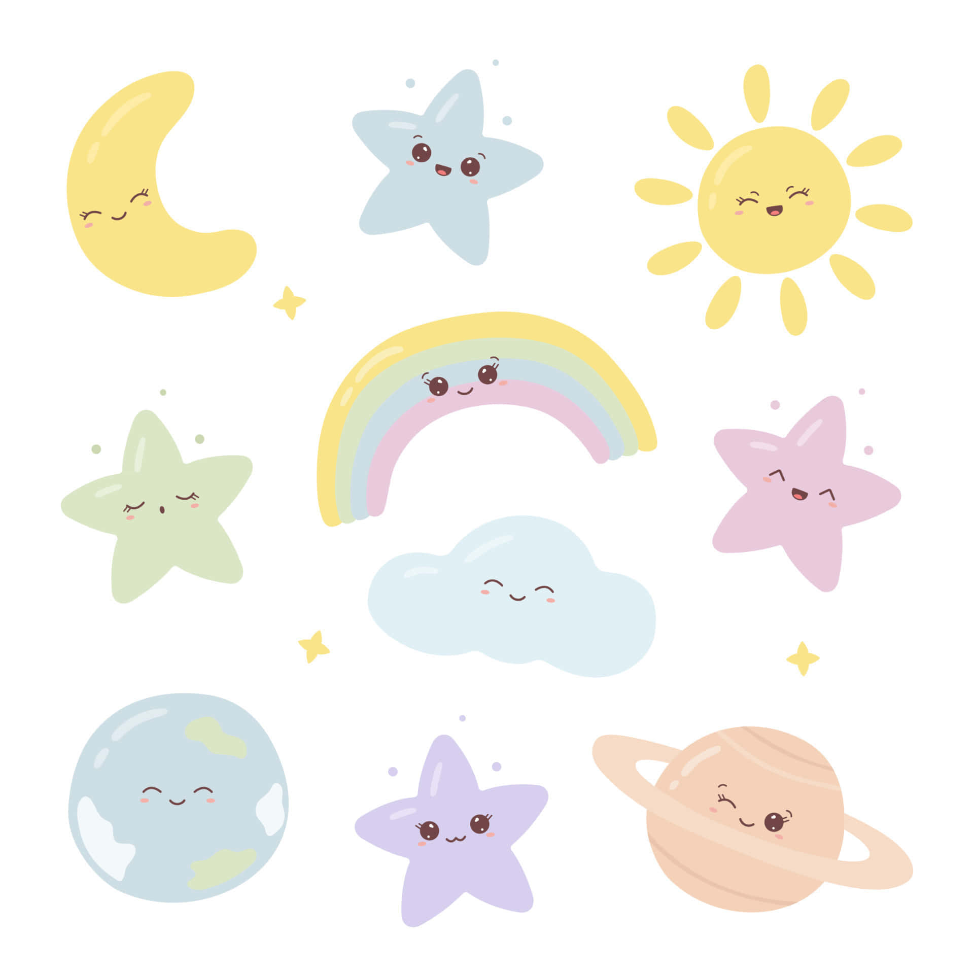 Kawaii Space 桌布 壁紙 — 可愛的卡通天體，例如微笑的太陽、月亮、星星、彩虹和行星，在純白色背景上愉快地漂浮。