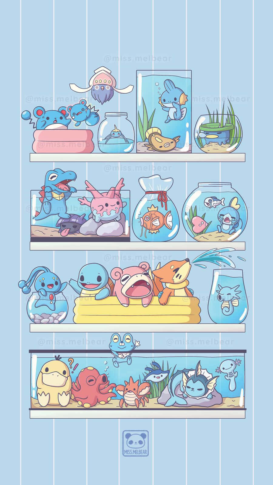 Pokemon Posters 桌布 壁紙 — 可愛的卡通寶可夢角色在淺藍色條紋背景的架子上，以玩樂方式排列在水族箱和魚缸中。