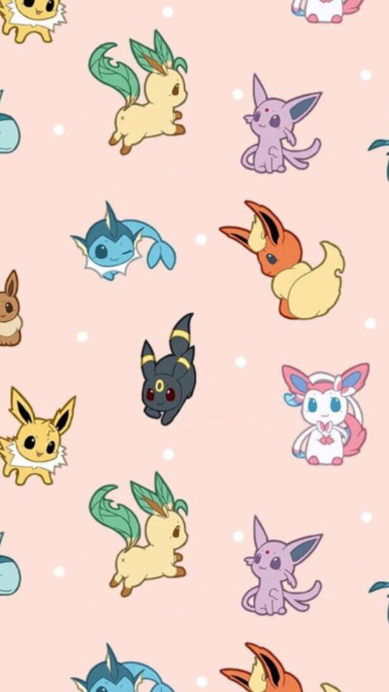 Eevee iPhone 桌布 壁紙 — 可愛的卡通寶可夢角色漂浮在帶有白色斑點的柔和粉紅色背景上。