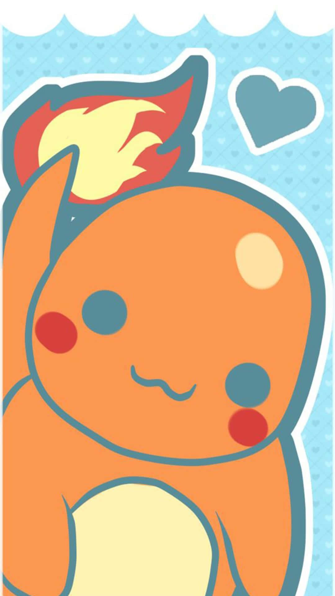 Cute Charmander 桌布 壁紙 — 可愛的卡通小火龍，有火焰尾巴，在藍色愛心圖案背景前微笑。