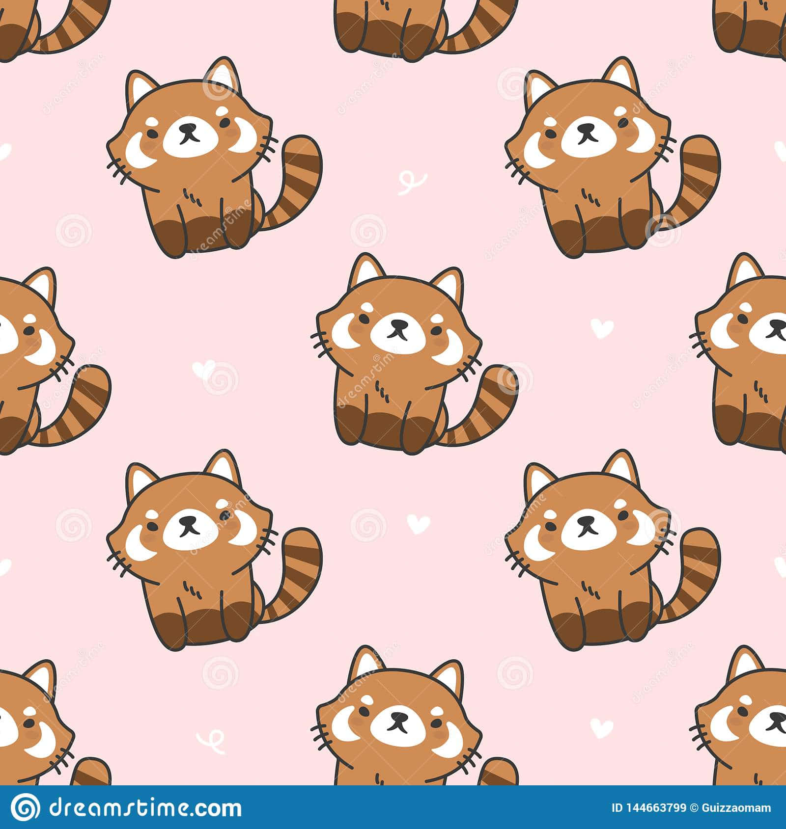 Cute Red Panda 桌布 壁紙 — 可愛的卡通小熊貓以重複圖案坐在柔軟的粉紅色背景上，散落著白色心形。