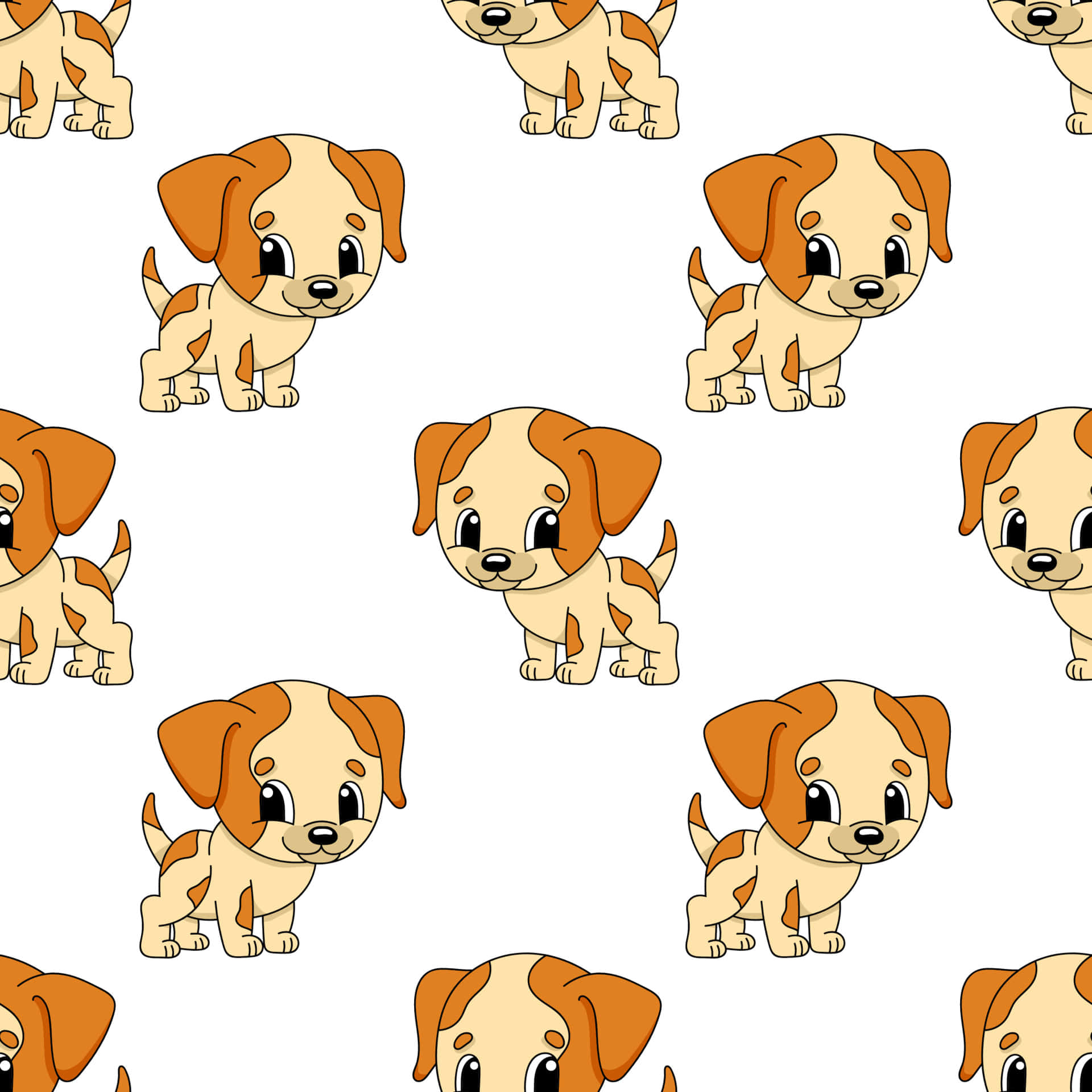 Cute Cartoon Dog 桌布 壁紙 — 可愛的卡通小狗，帶有棕色和奶油色斑點，在白色背景上重複形成歡樂的無縫圖案。